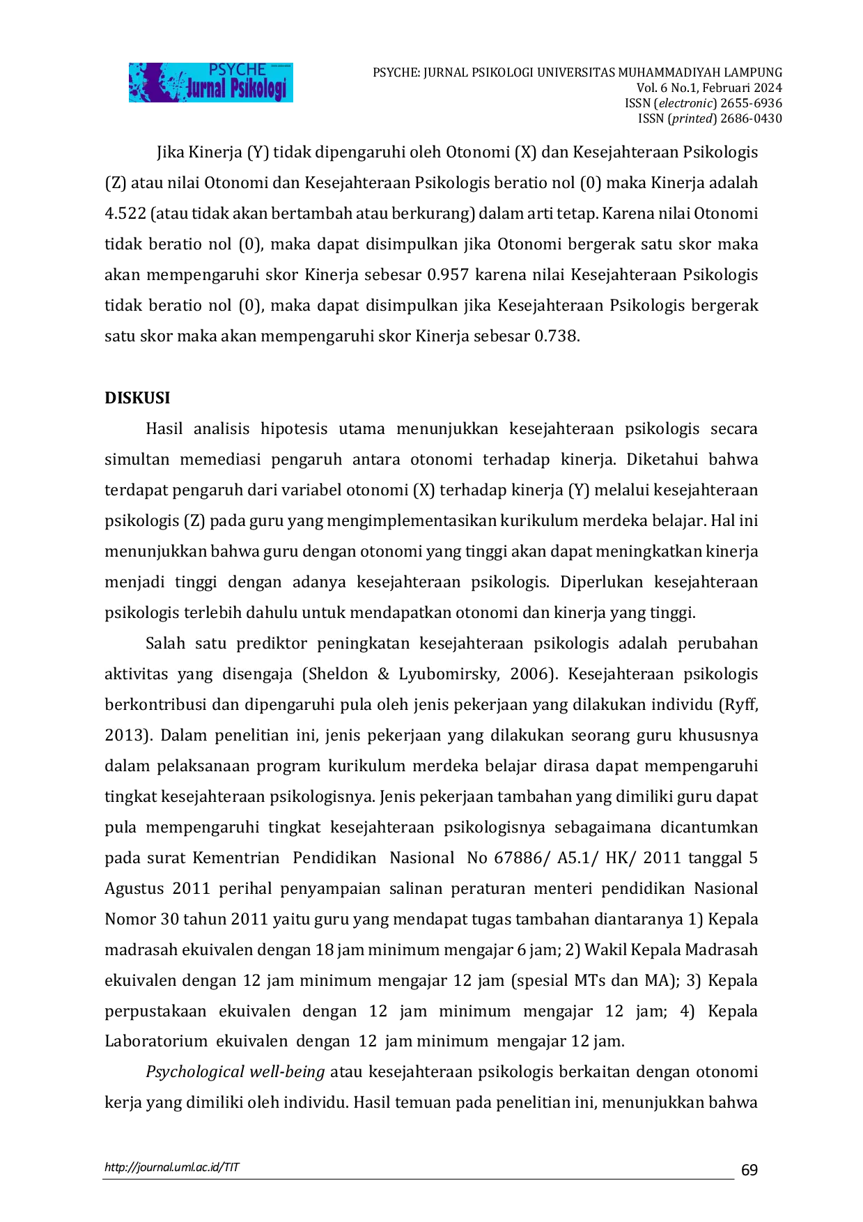 JURIS Kesejahteraan Psikologis Sebagai Mediator Antara Otonomi Terhadap Kinerja Pada Guru Dalam Kurikulum Merdeka Belajar