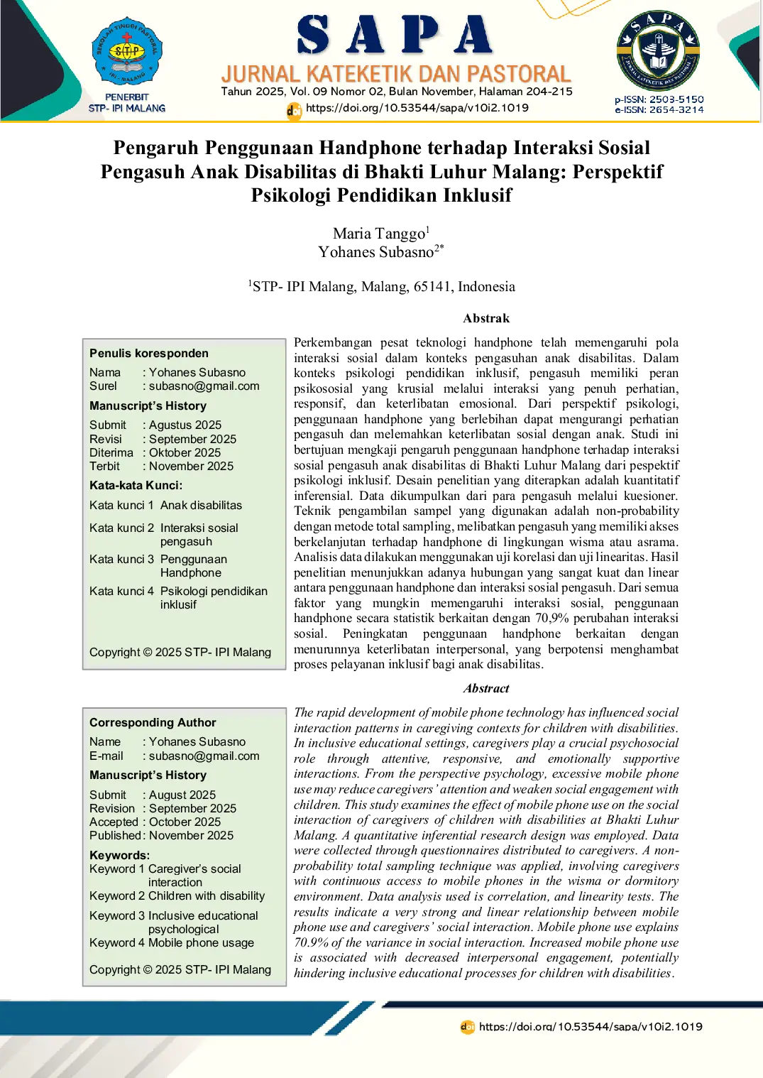 JURIS Pengaruh Penggunaan Handphone terhadap Interaksi Sosial Pengasuh Anak Disabilitas di Bhakti Luhur Malang Perspektif Psikologi Pendidikan Inklusif
