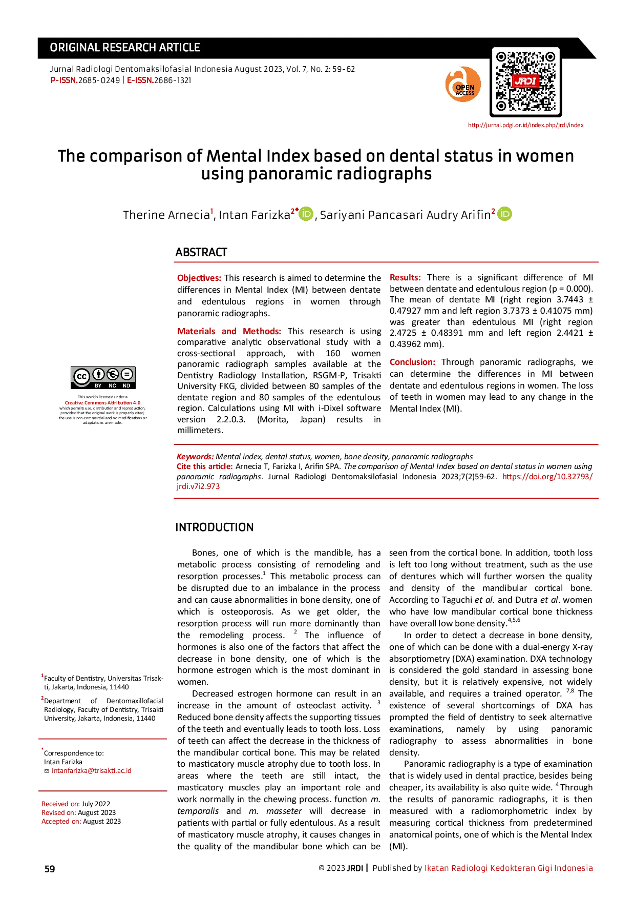 JURIS The comparison of Mental Index based on dental status in women using panoramic radiographs