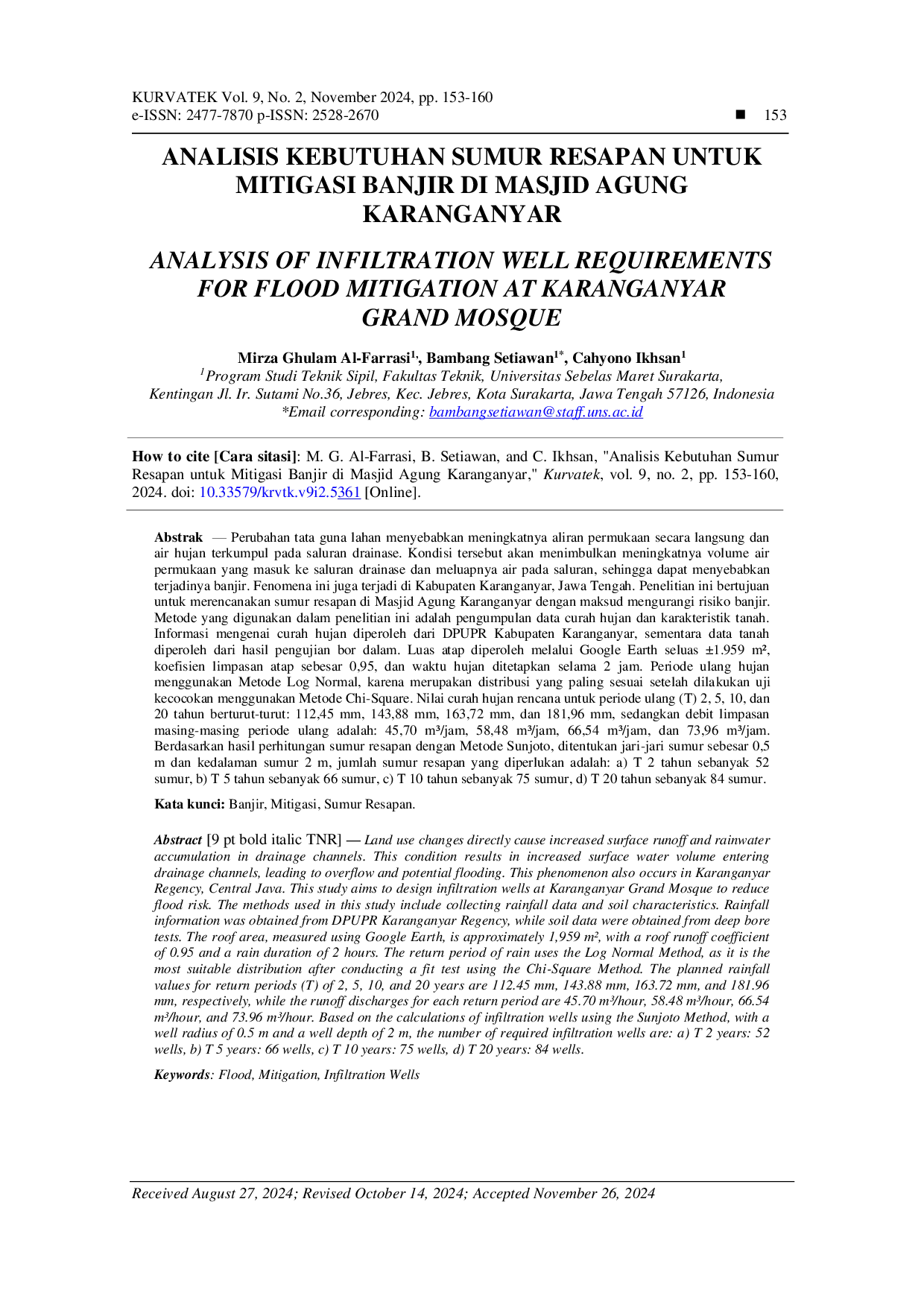 JURIS Analisis Kebutuhan Sumur Resapan Untuk Mitigasi Banjir Di Masjid Agung Karanganyar