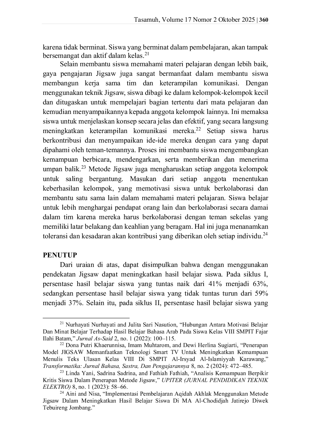 JURIS Penerapan Metode Jigsaw Dalam Meningkatkan Hasil Belajar Siswa Pada Pembelajaran Akidah Akhlak