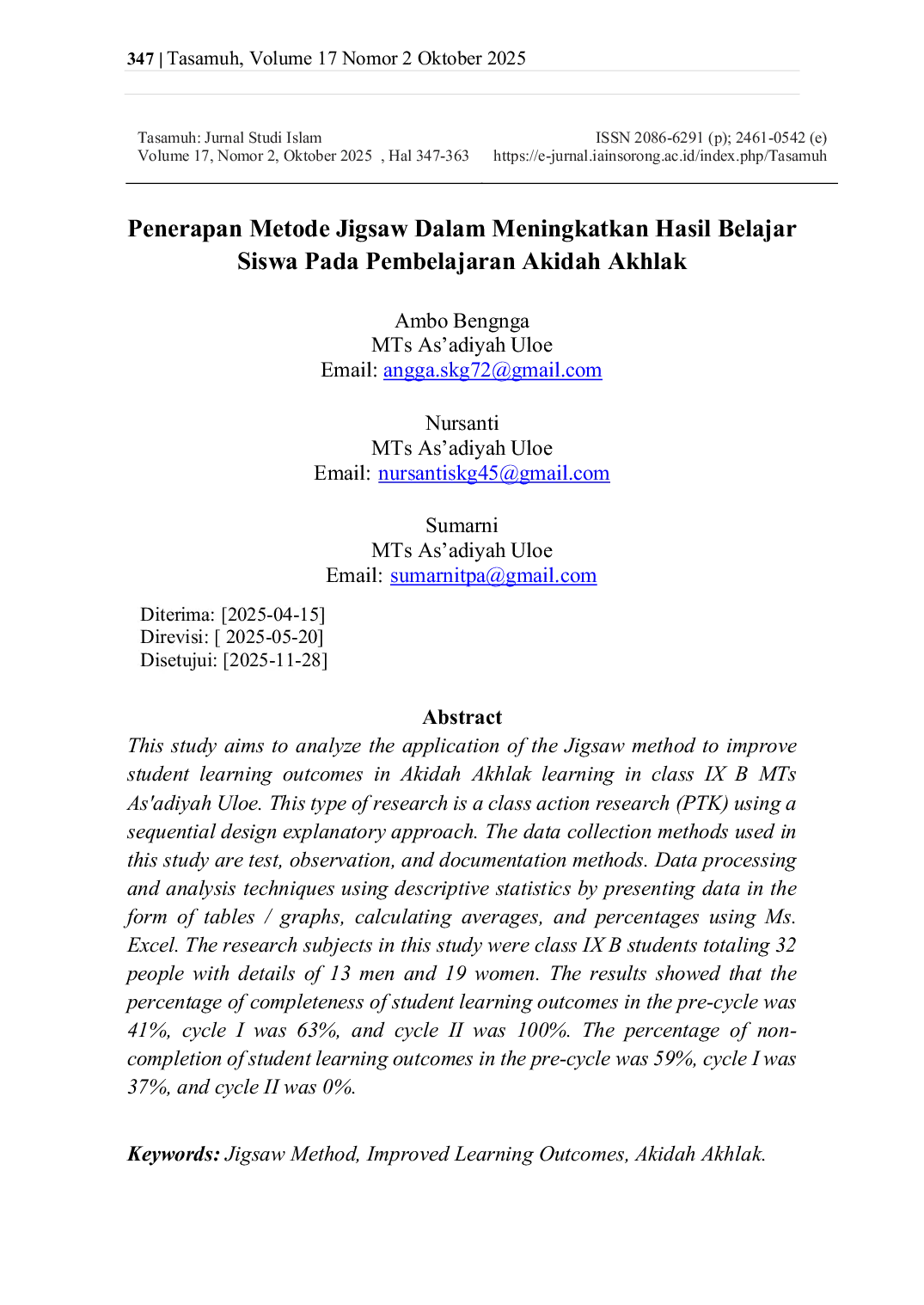 JURIS Penerapan Metode Jigsaw Dalam Meningkatkan Hasil Belajar Siswa Pada Pembelajaran Akidah Akhlak