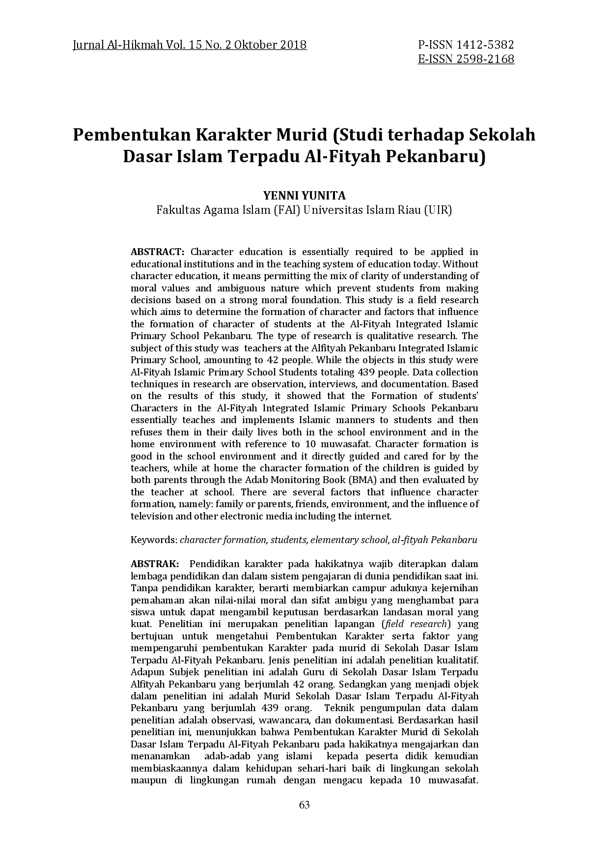 juris Pembentukan Karakter Murid Studi terhadap Sekolah Dasar Islam Terpadu Al Fityah Pekanbaru