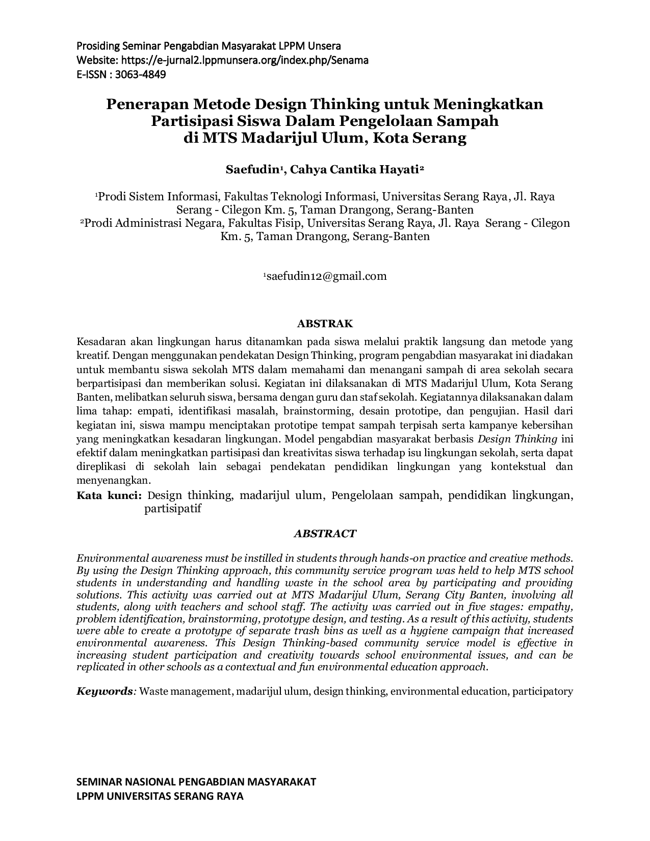 JURIS Penerapan Metode Design Thinking untuk Meningkatkan Partisipasi Siswa Dalam Pengelolaan Sampah di MTS Madarijul Ulum Kota Serang