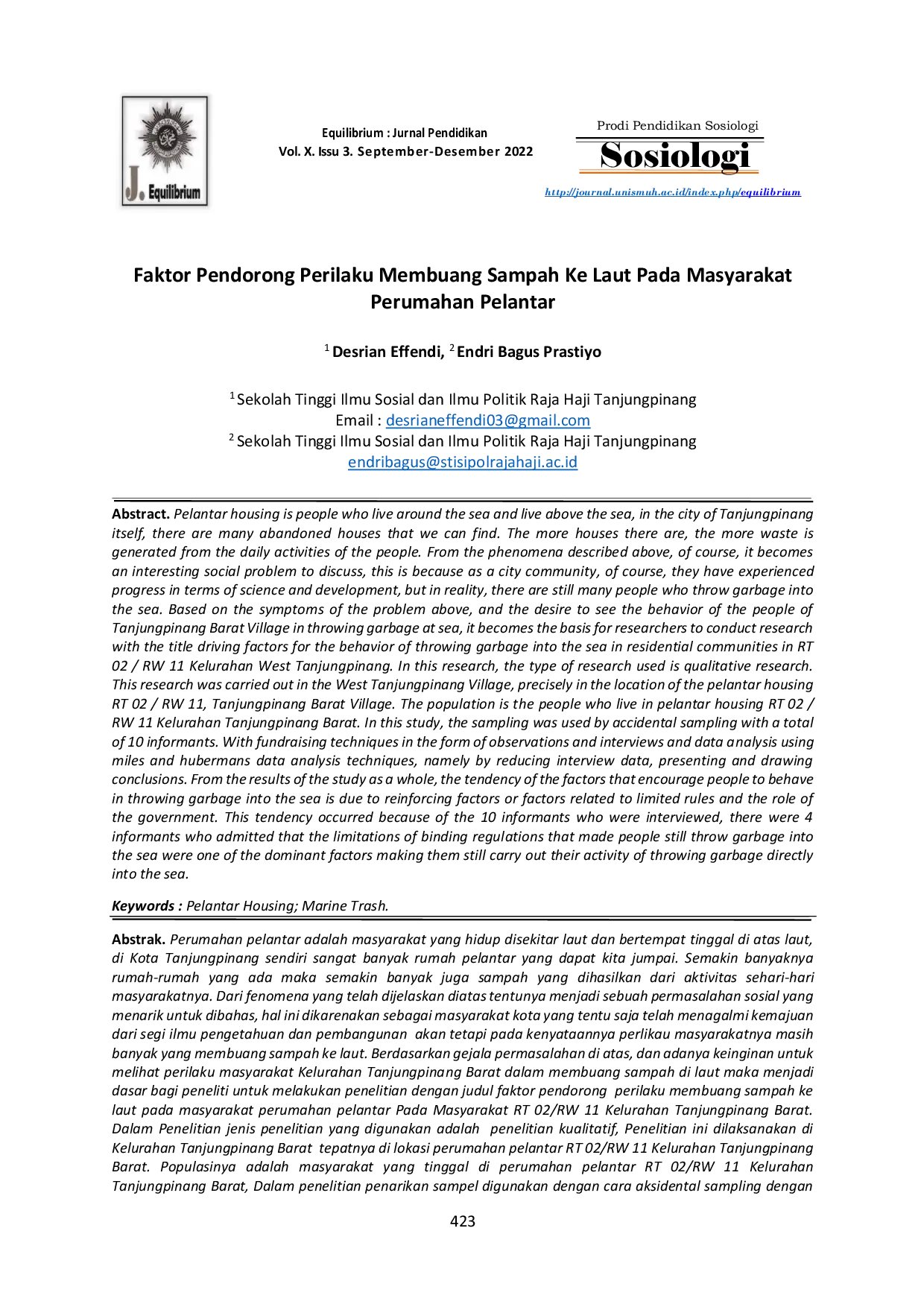 JURIS Faktor Pendorong Perilaku Membuang Sampah Ke Laut Pada Masyarakat Perumahan Pelantar