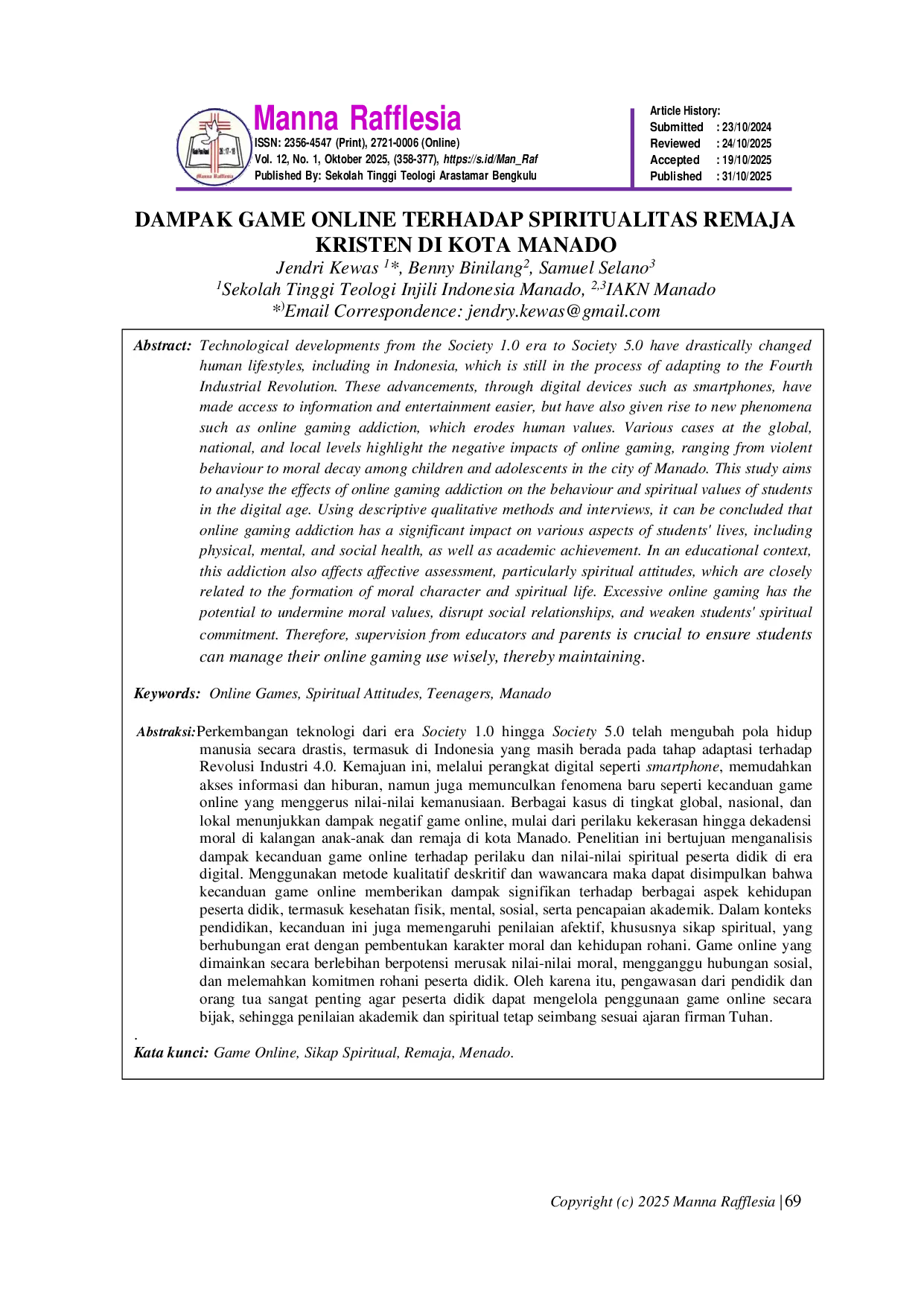 JURIS Dampak Game Online Terhadap Spiritualitas Remaja Kristen di Kota Manado