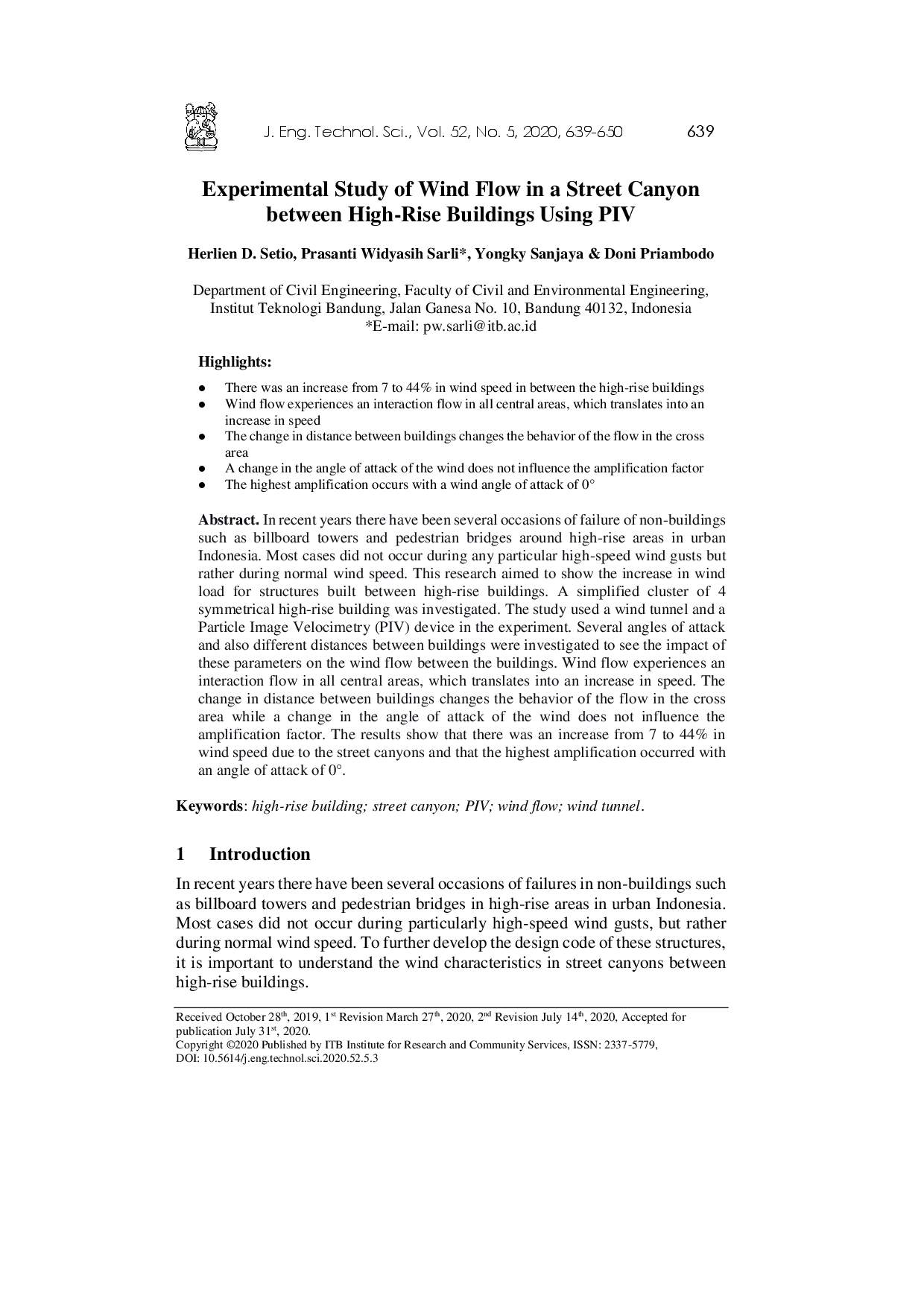 juris Experimental Study of Wind Flow in a Street Canyon between High Rise Buildings Using PIV
