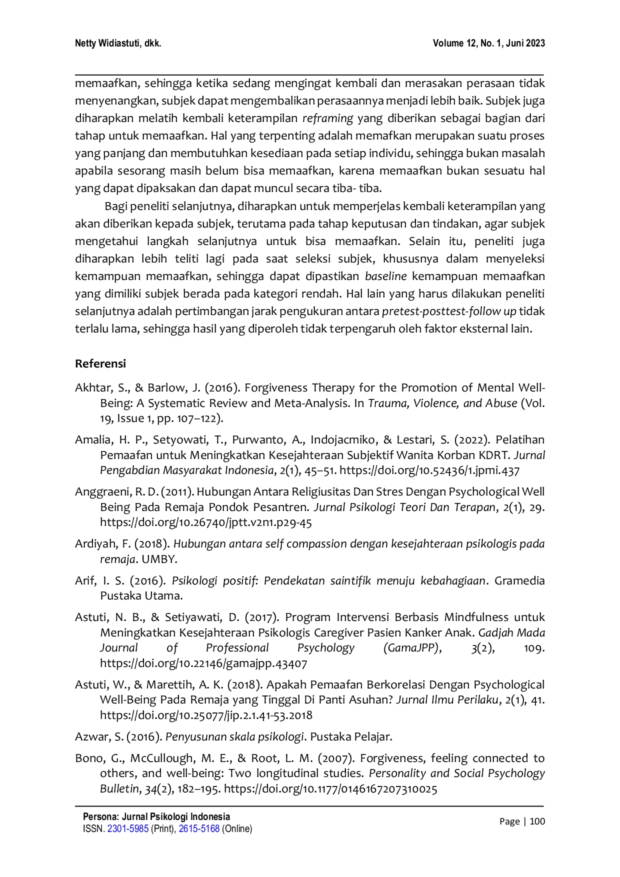 JURIS Kesejahteraan psikologis pada remaja dengan orangtua bercerai Dapatkah ditingkatkan dengan pelatihan memaafkan