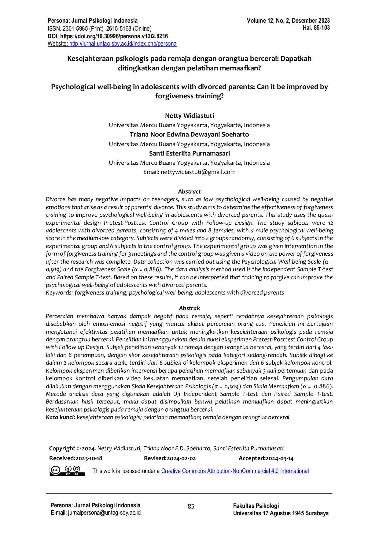 JURIS Kesejahteraan psikologis pada remaja dengan orangtua bercerai Dapatkah ditingkatkan dengan pelatihan memaafkan