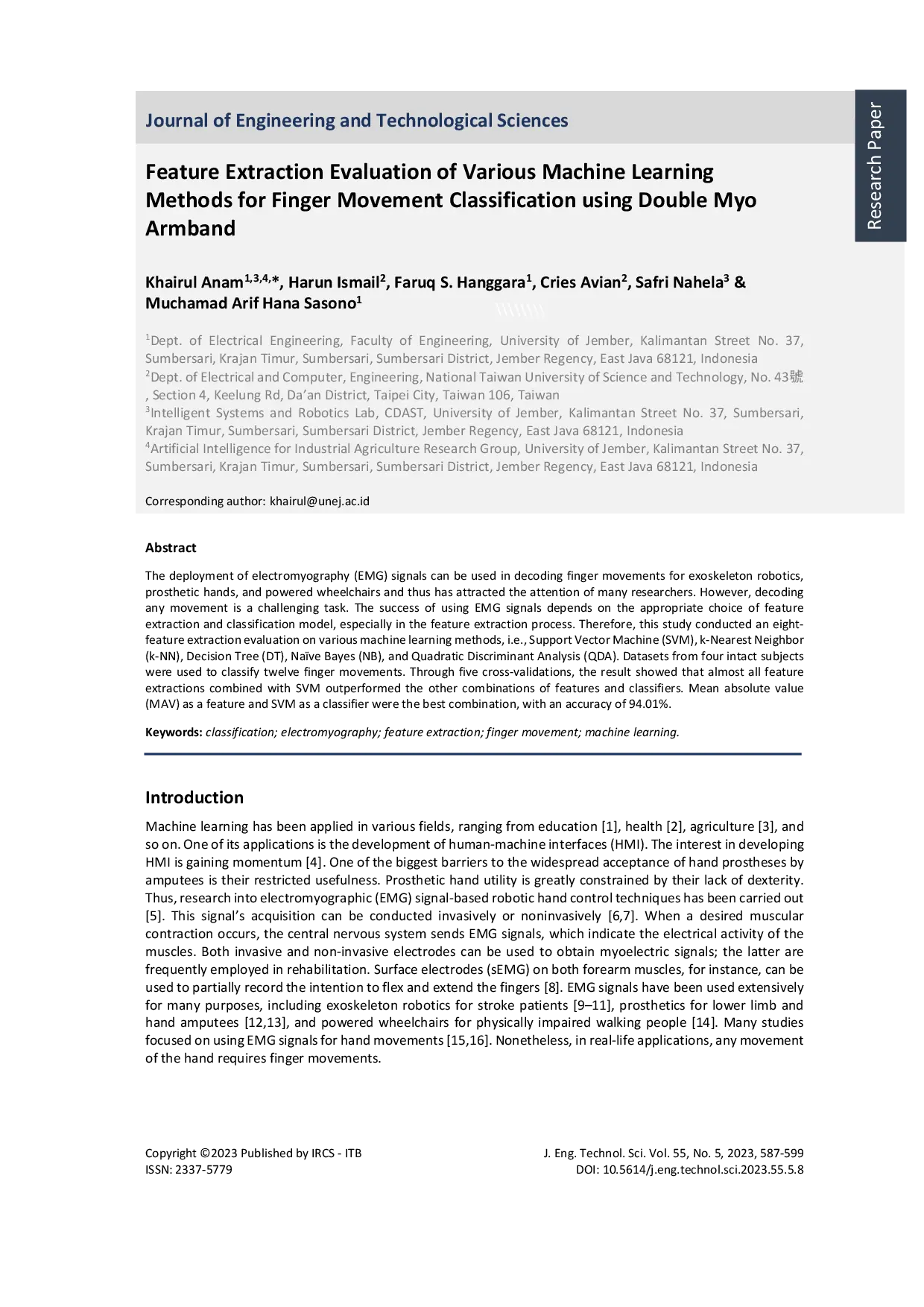 JURIS Feature Extraction Evaluation of Various Machine Learning Methods for Finger Movement Classification Using Double Myo Armband