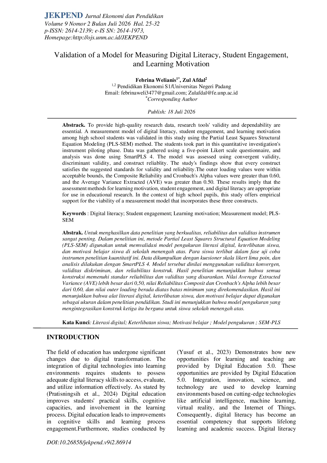 JURIS Validation of a Model for Measuring Digital Literacy Student Engagement and Learning Motivation