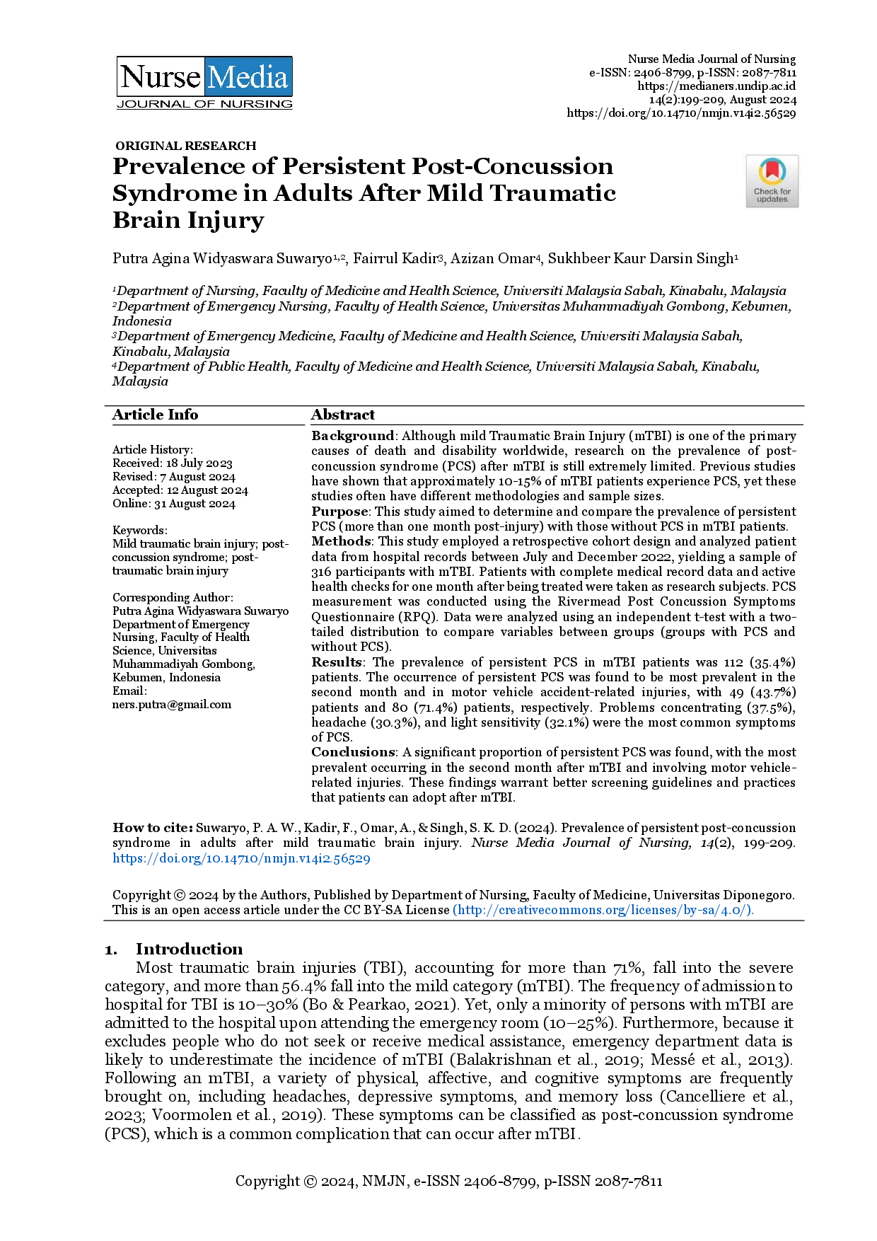 juris Prevalence of Persistent Post Concussion Syndrome in Adults After Mild Traumatic Brain Injury
