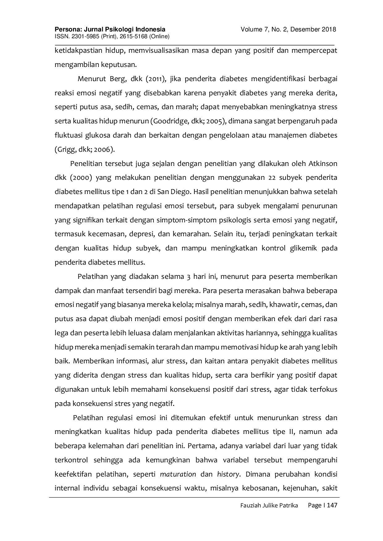 JURIS Efektivitas Pelatihan Regulasi Emosi untuk Menurunkan Stres dan Meningkatkan Kualitas Hidup Pada Penderita Diabetes Mellitus Tipe II