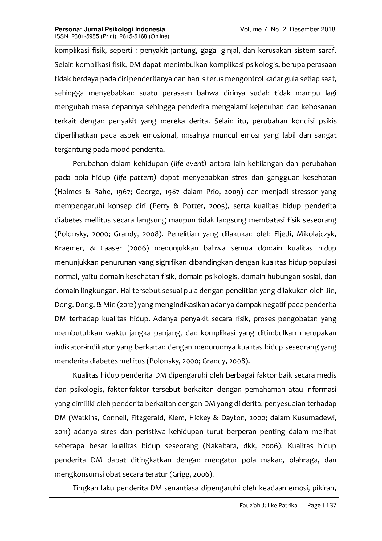 JURIS Efektivitas Pelatihan Regulasi Emosi untuk Menurunkan Stres dan Meningkatkan Kualitas Hidup Pada Penderita Diabetes Mellitus Tipe II