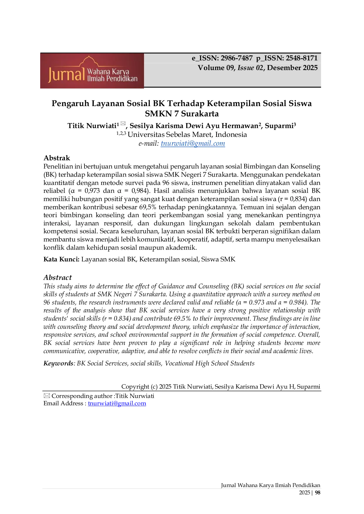 JURIS Pengaruh Layanan Sosial BK terhadap Keterampilan Siswa SMK N 7 Surakarta