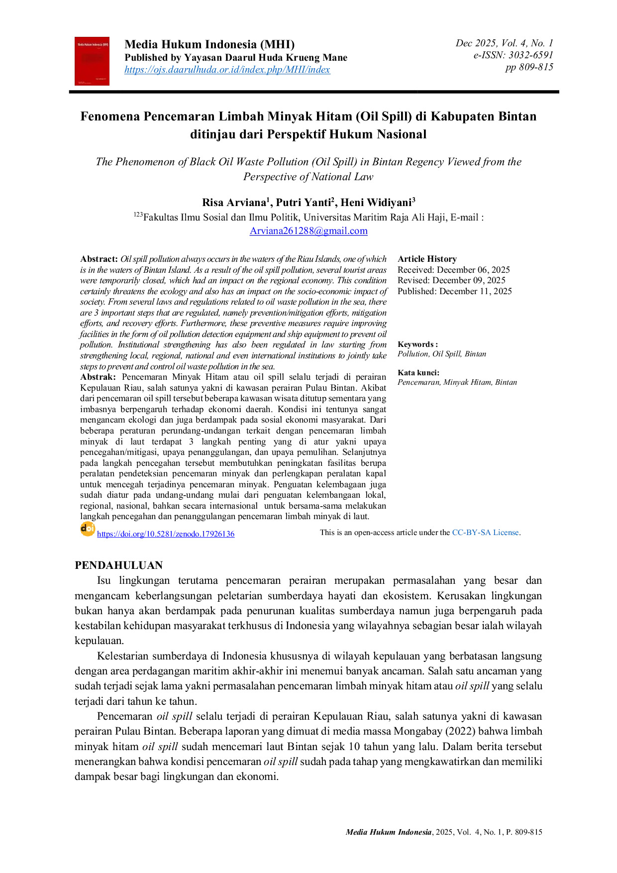 JURIS Fenomena Pencemaran Limbah Minyak Hitam Oil Spill di Kabupaten Bintan ditinjau dari Perspektif Hukum Nasional