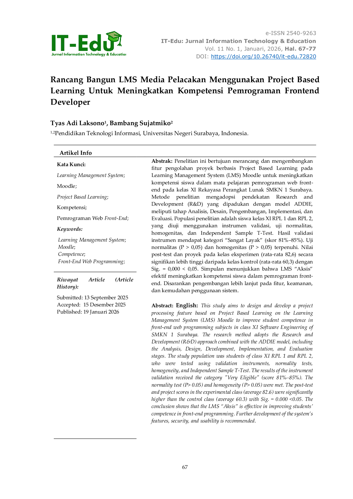 JURIS Rancang Bangun LMS Media Pelacakan Menggunakan Project Based Learning Untuk Meningkatkan Kompetensi Pemrograman Frontend Developer