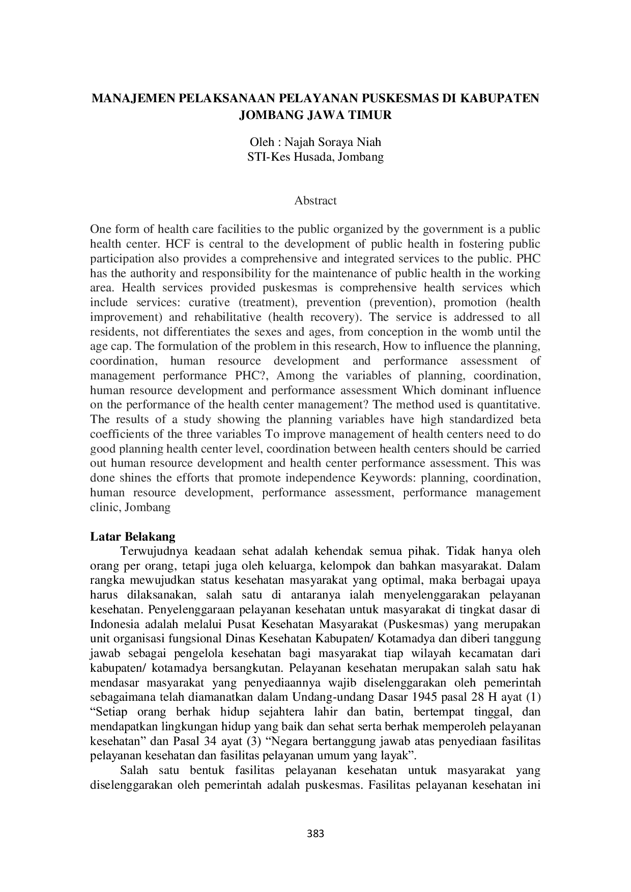 JURIS Manajemen Pelaksanaan Pelayanan Puskesmas di Kabupaten Jombang Jawa Timur