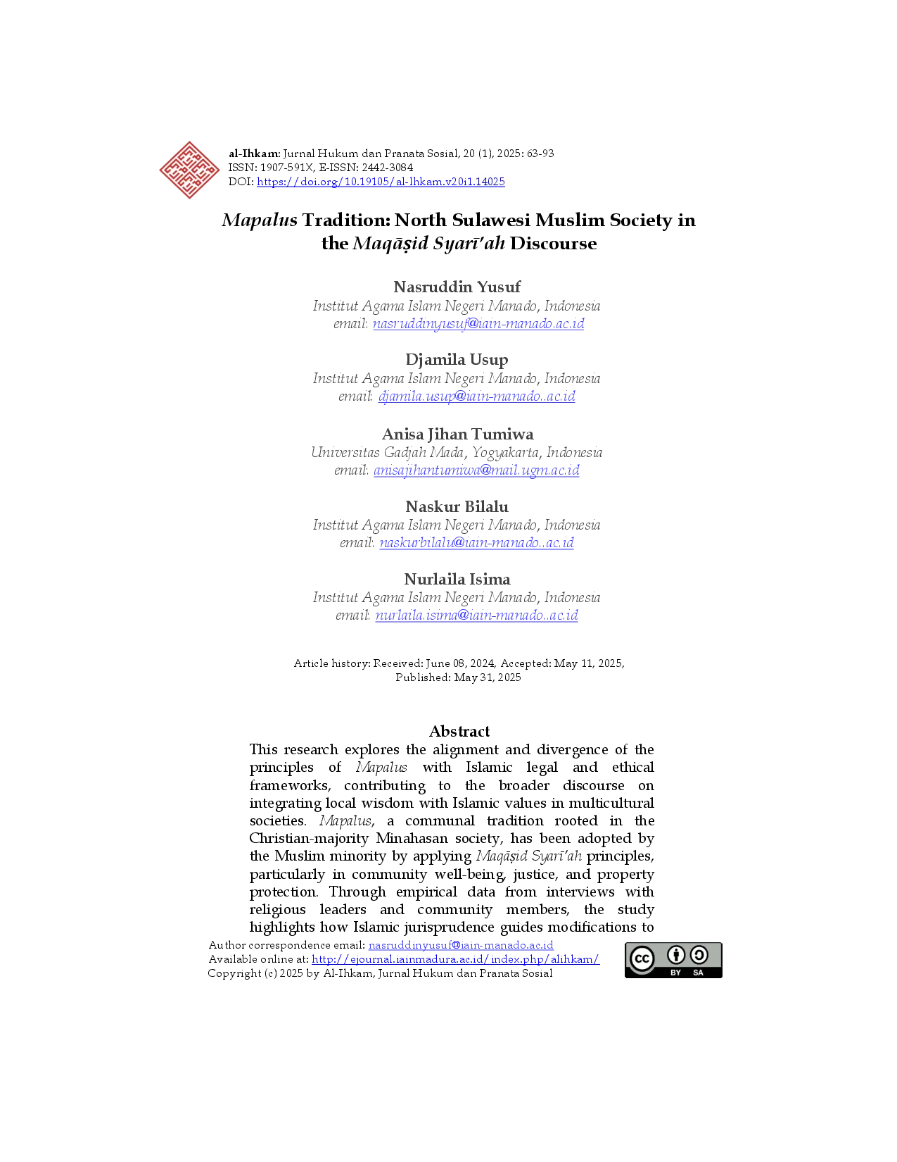 juris Mapalus Tradition North Sulawesi Muslim Society in the Maqashid Syariah Discourse