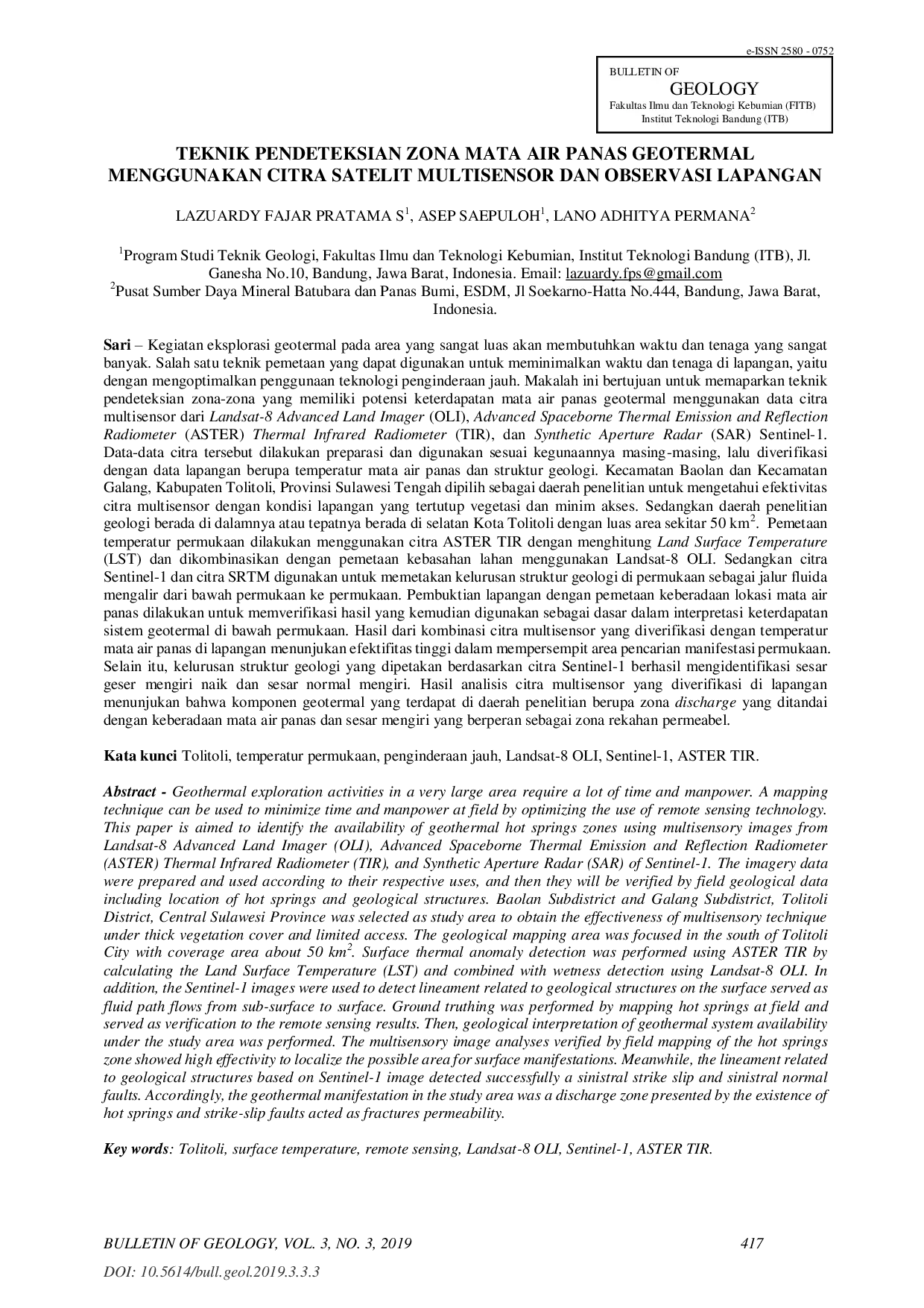 JURIS Teknik Pendeteksian Zona Mata Air Panas Geotermal Menggunakan Citra Satelit Multisensor Dan Observasi Lapangan