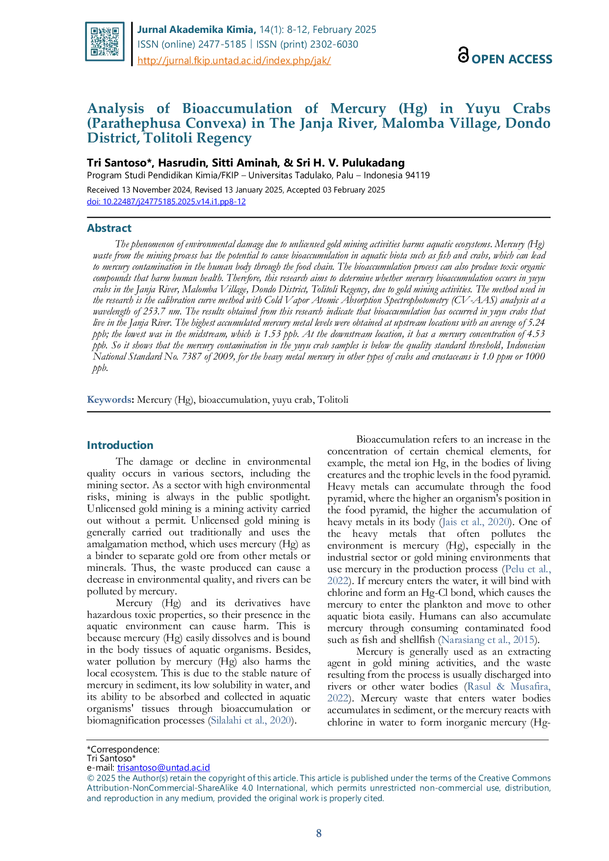 JURIS Analisis Bioakumulasi Merkuri Hg pada Kepiting Yuyu Parathephusa Convexa di Sungai Janja Desa Malomba Kecamatan Dondo Kabupaten Tolitoli