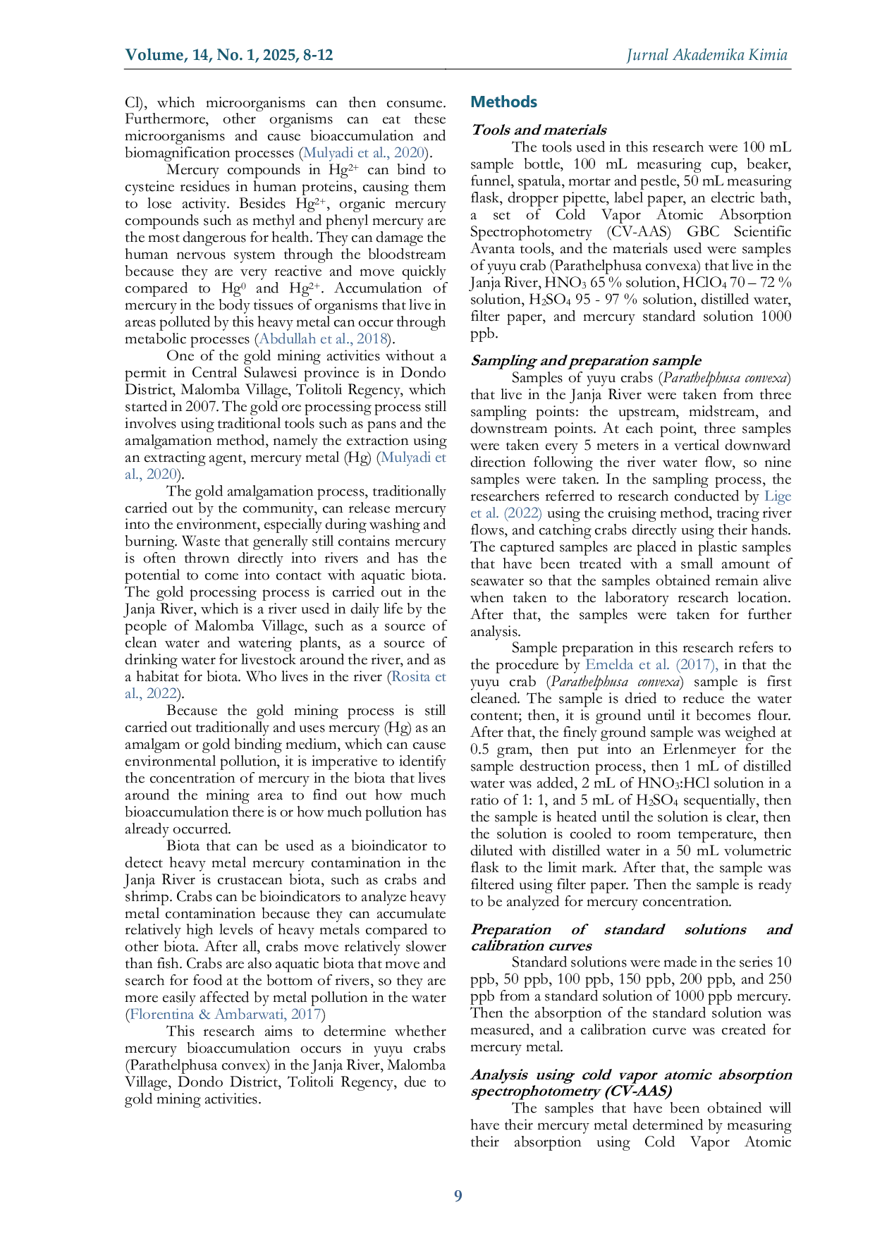JURIS Analisis Bioakumulasi Merkuri Hg pada Kepiting Yuyu Parathephusa Convexa di Sungai Janja Desa Malomba Kecamatan Dondo Kabupaten Tolitoli