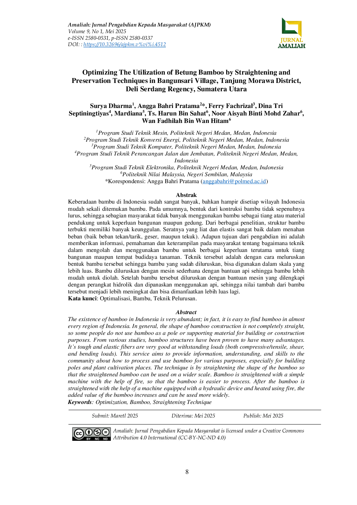 JURIS Optimizing The Utilization of Betung Bamboo by Straightening and Preservation Techniques in Bangunsari Village Tanjung Morawa District Deli Serdang Regency Sumatera Utara