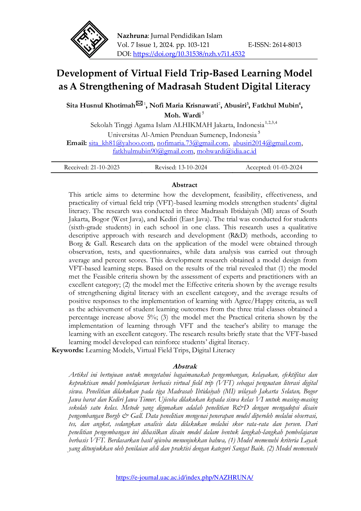JURIS Development of Virtual Field Trip Based Learning Model as A Strengthening of Madrasah Student Digital Literacy