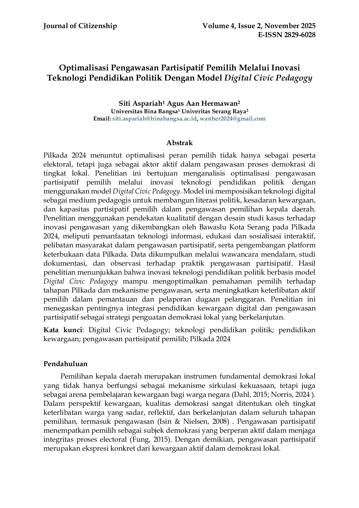 JURIS Optimalisasi Pengawasan Partisipatif Pemilih Melalui Inovasi Teknologi Pendidikan Politik Dengan Model Digital Civic Pedagogy
