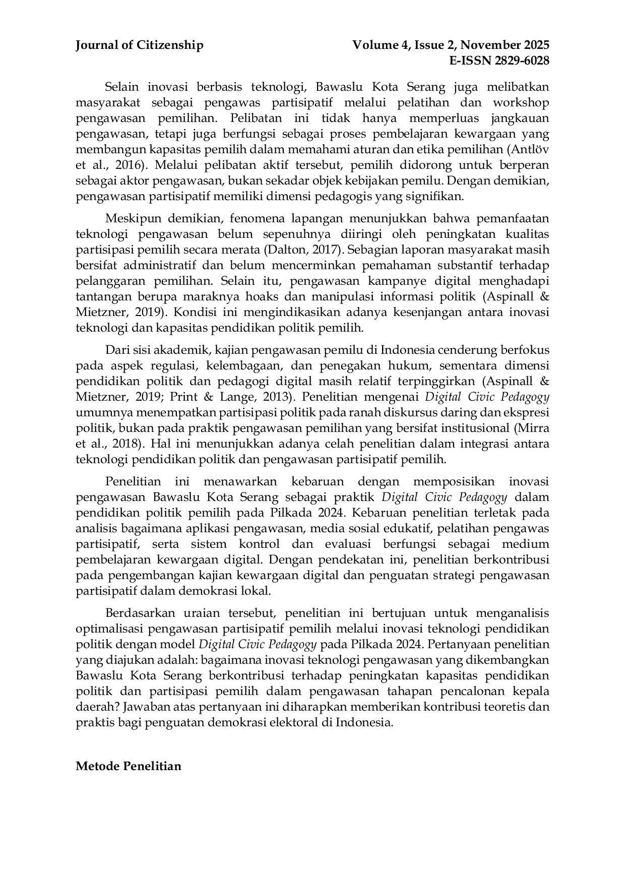 JURIS Optimalisasi Pengawasan Partisipatif Pemilih Melalui Inovasi Teknologi Pendidikan Politik Dengan Model Digital Civic Pedagogy