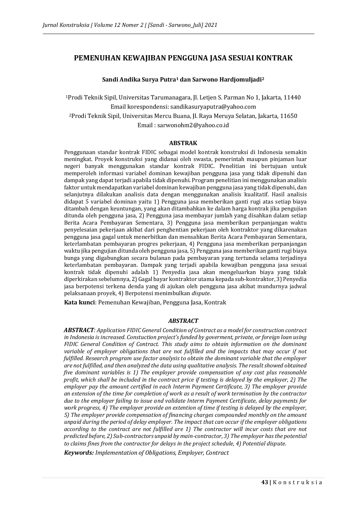 JURIS Pemenuhan Kewajiban Pengguna Jasa Sesuai Kontrak