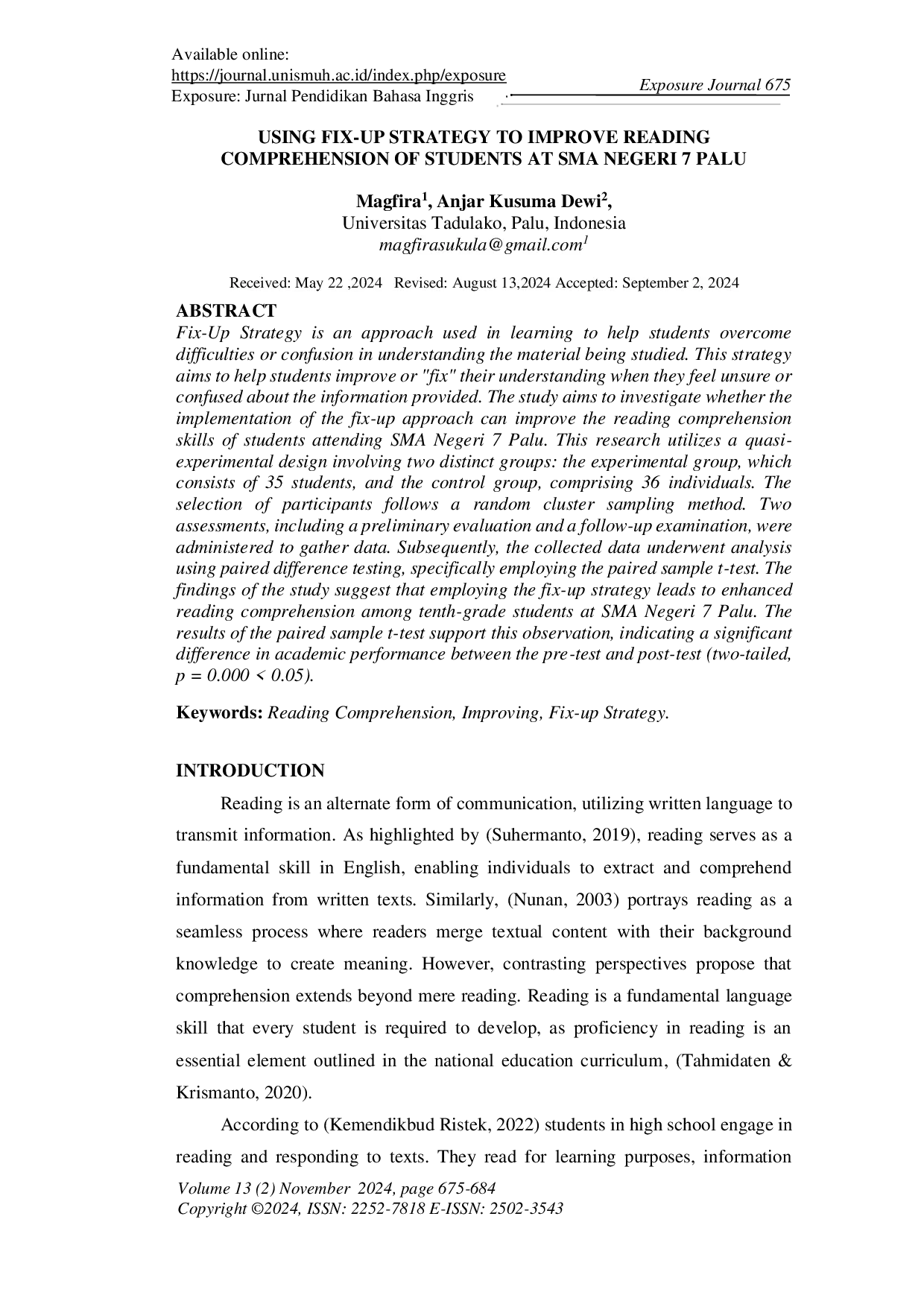 JURIS Using Fix Up Strategy to Improve Reading Comprehension of Students at SMA Negeri 7 Palu