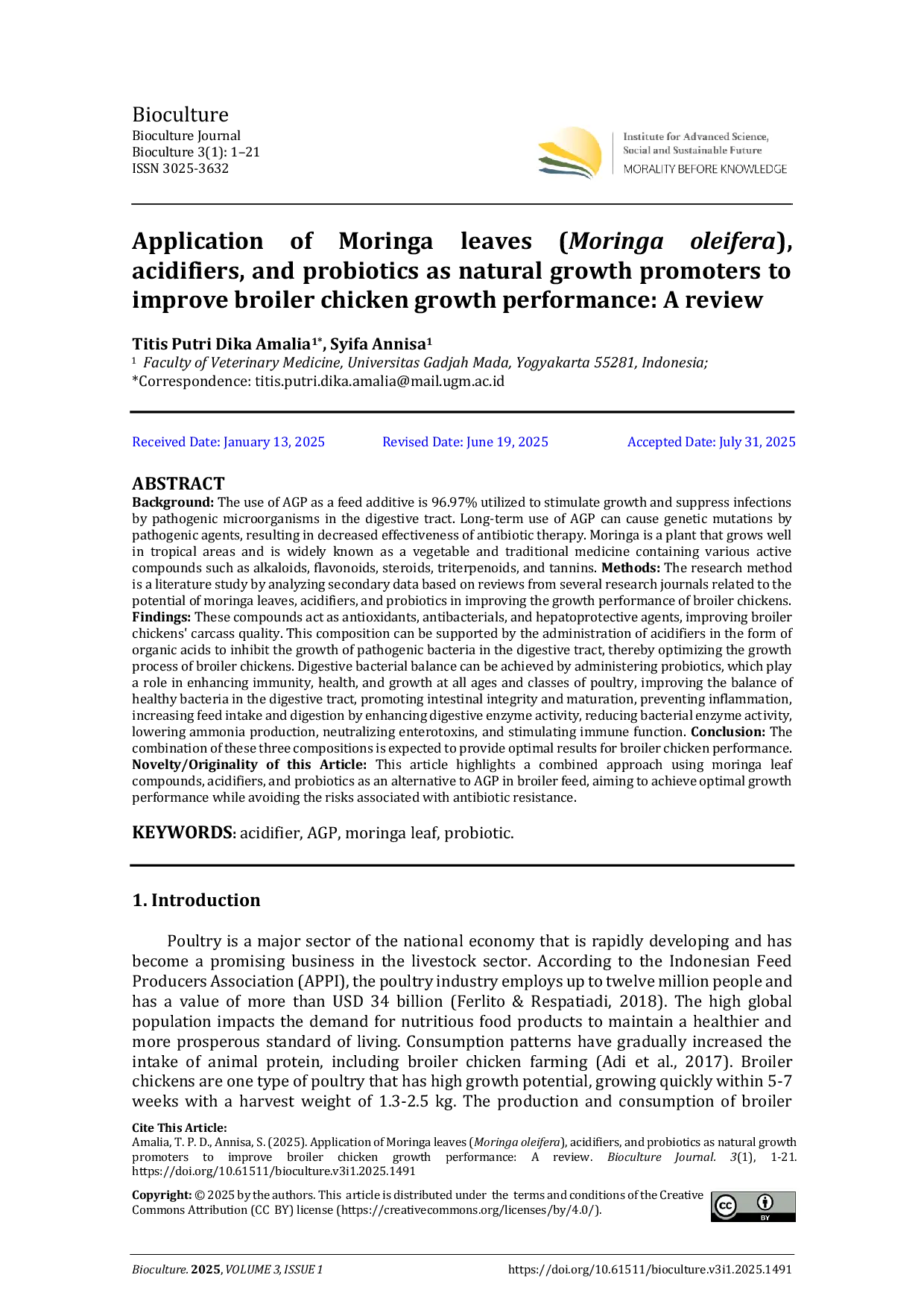 JURIS Application of Moringa leaves Moringa oleifera acidifiers and probiotics as natural growth promoters to improve broiler chicken growth performance A review