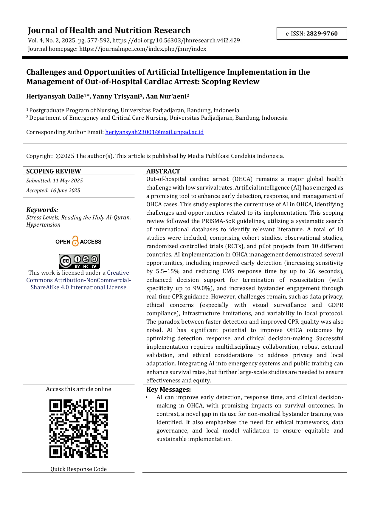 JURIS Challenges and Opportunities of Artificial Intelligence Implementation in the Management of Out of Hospital Cardiac Arrest Scoping Review
