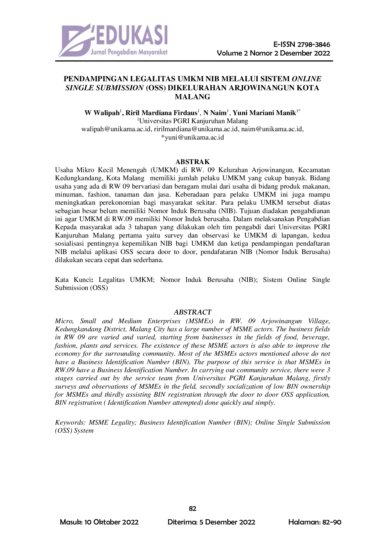 JURIS Pendampingan Legalitas Ukmn Nib Melalui Sistem Online Single Submission Oss Dikelurahan Arjowinangun Kota Malang