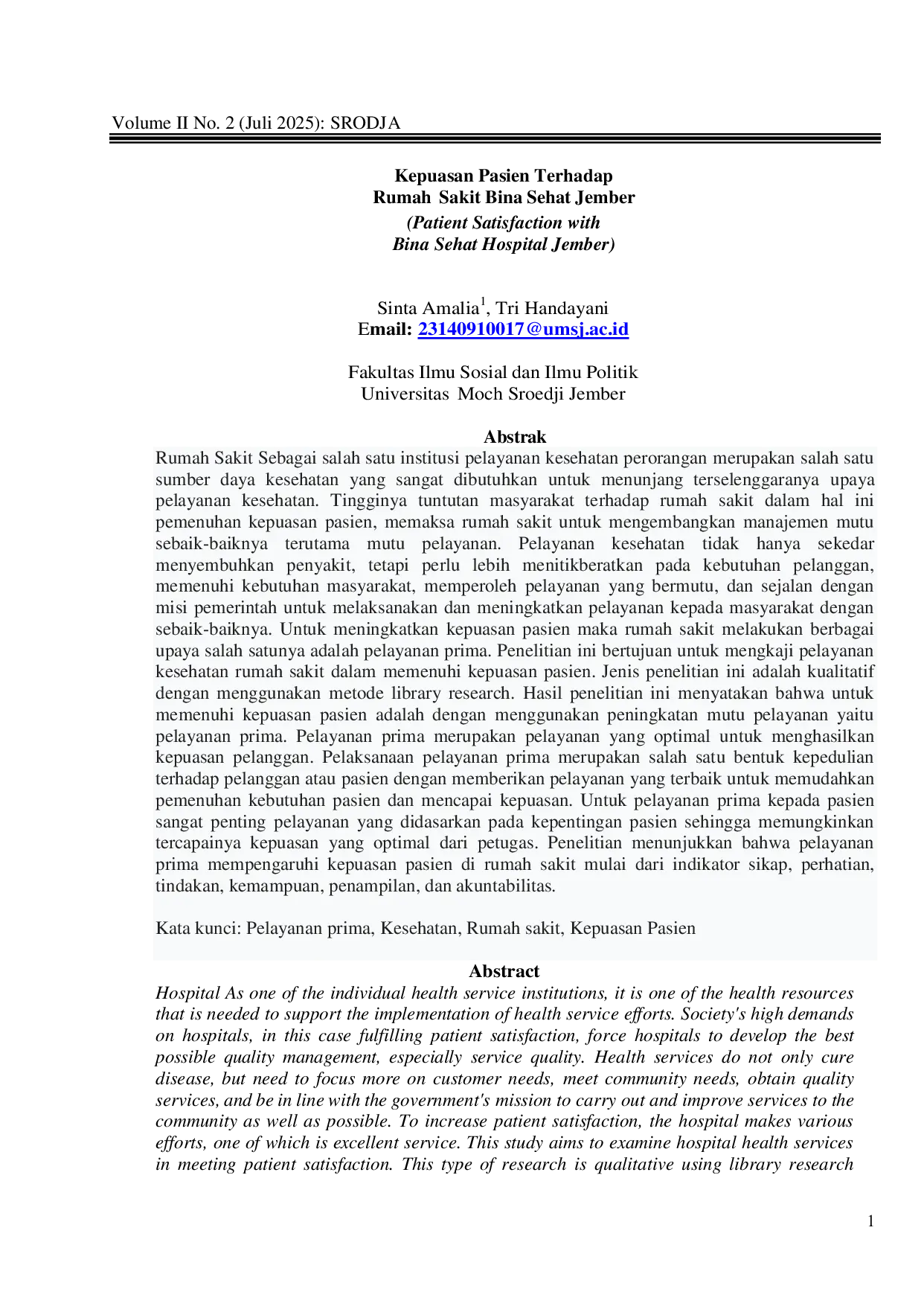 JURIS Kepuasan Pasien Terhadap Rumah Sakit Bina Sehat Jember