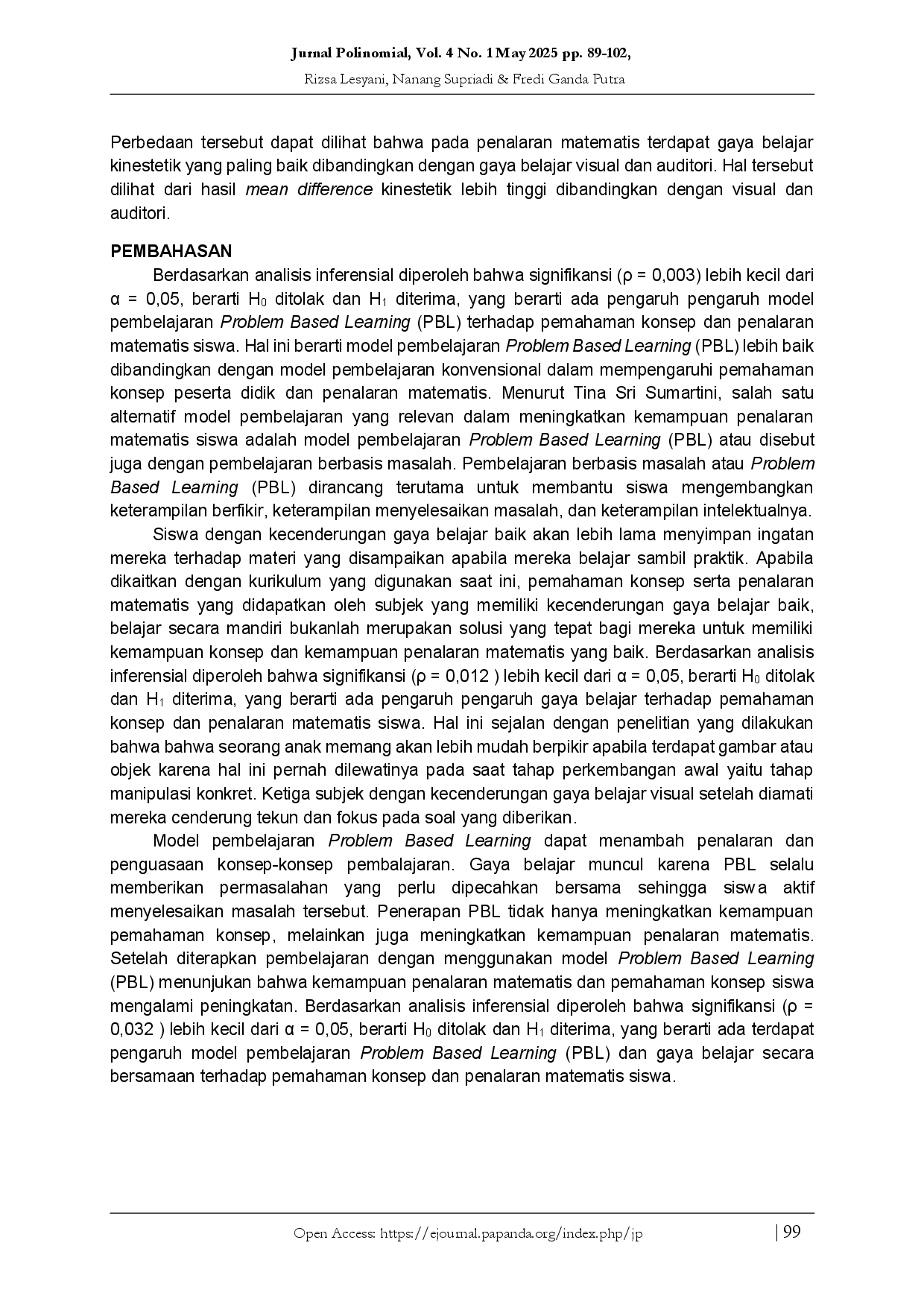 juris Model Pembelajaran Problem Based Learning dan Gaya Belajar Pemahaman Konsep dan Penalaran Matematis Siswa