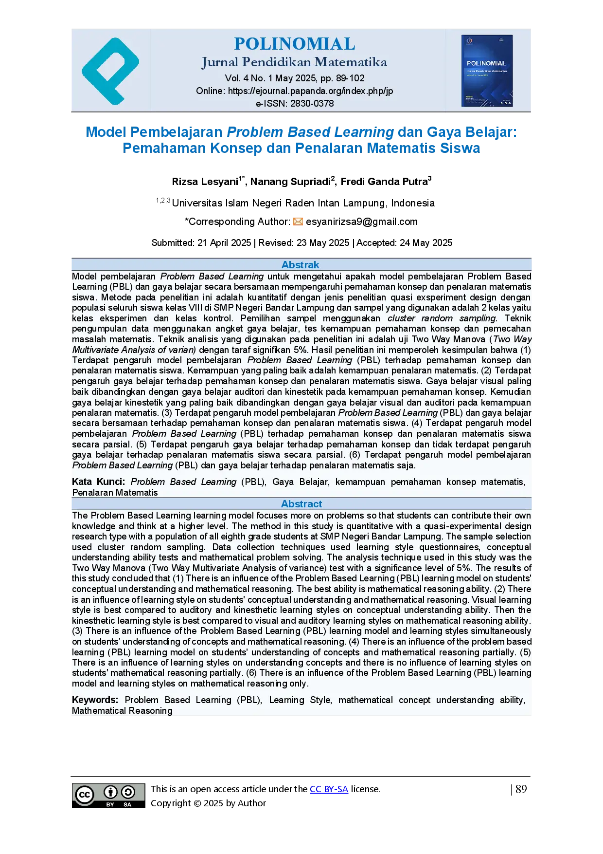 juris Model Pembelajaran Problem Based Learning dan Gaya Belajar Pemahaman Konsep dan Penalaran Matematis Siswa