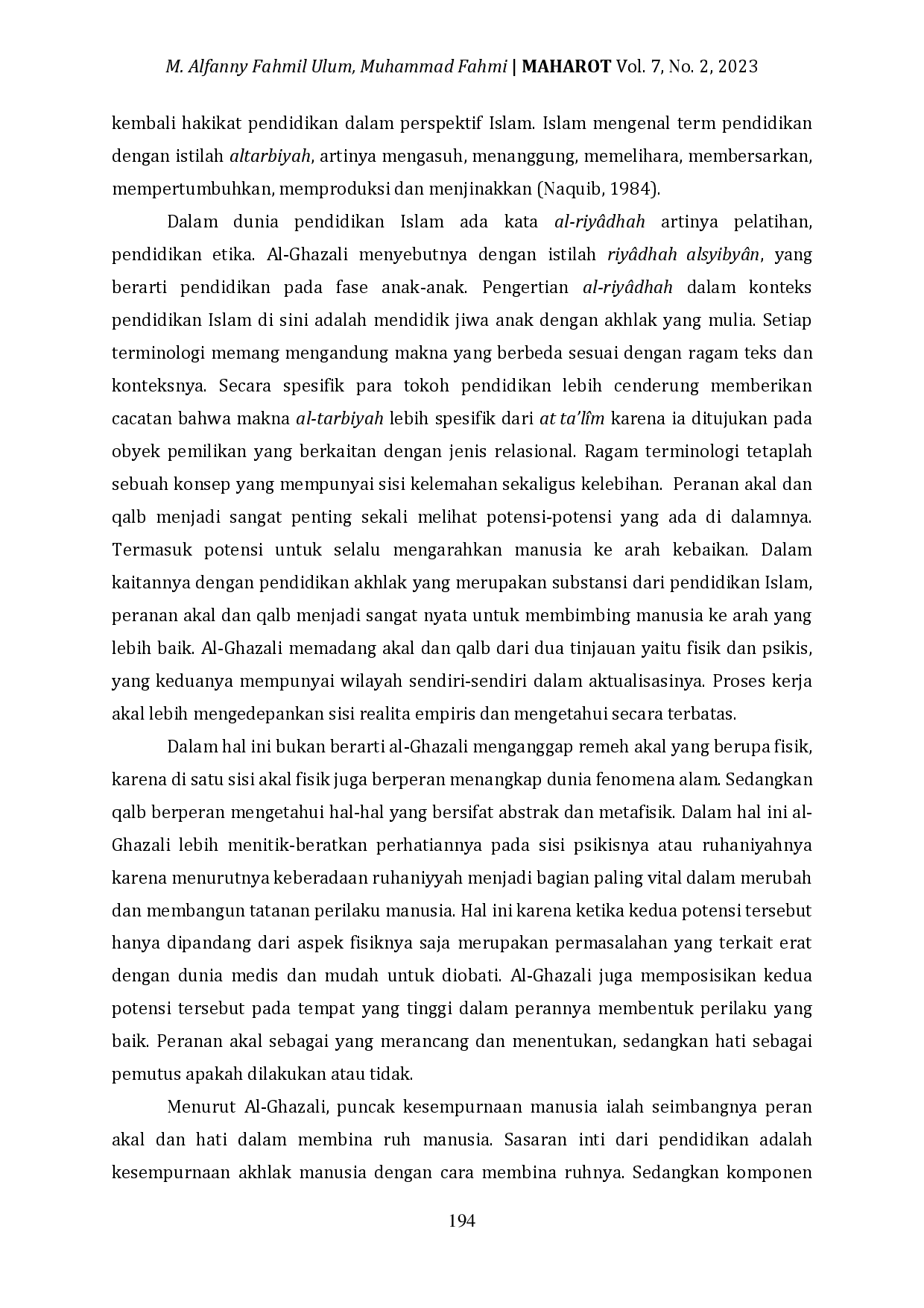 JURIS The Concept of Qalbu Education According to Imam Ghazali