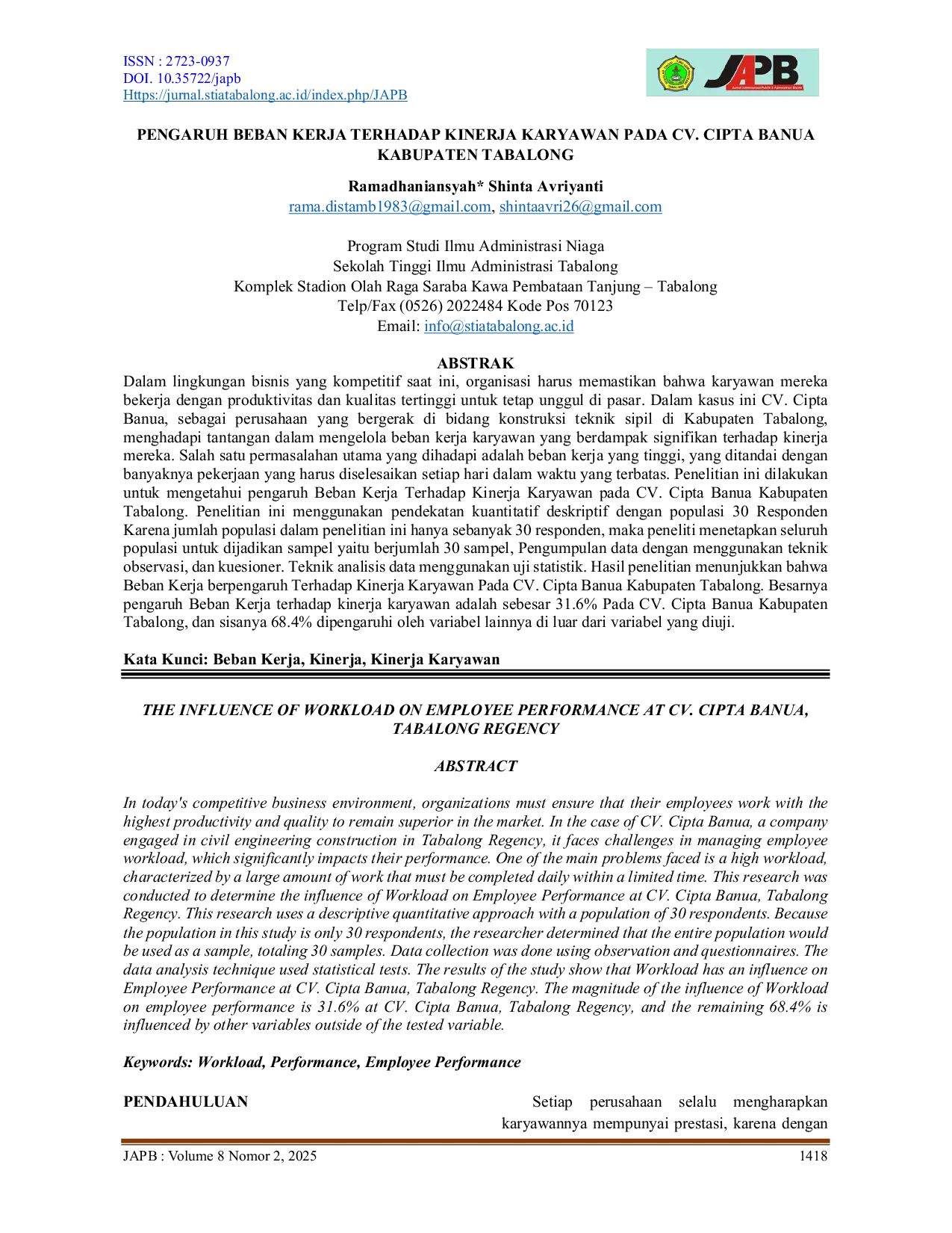 JURIS PENGARUH BEBAN KERJA TERHADAP KINERJA KARYAWAN PADA CV CIPTA BANUA KABUPATEN TABALONG