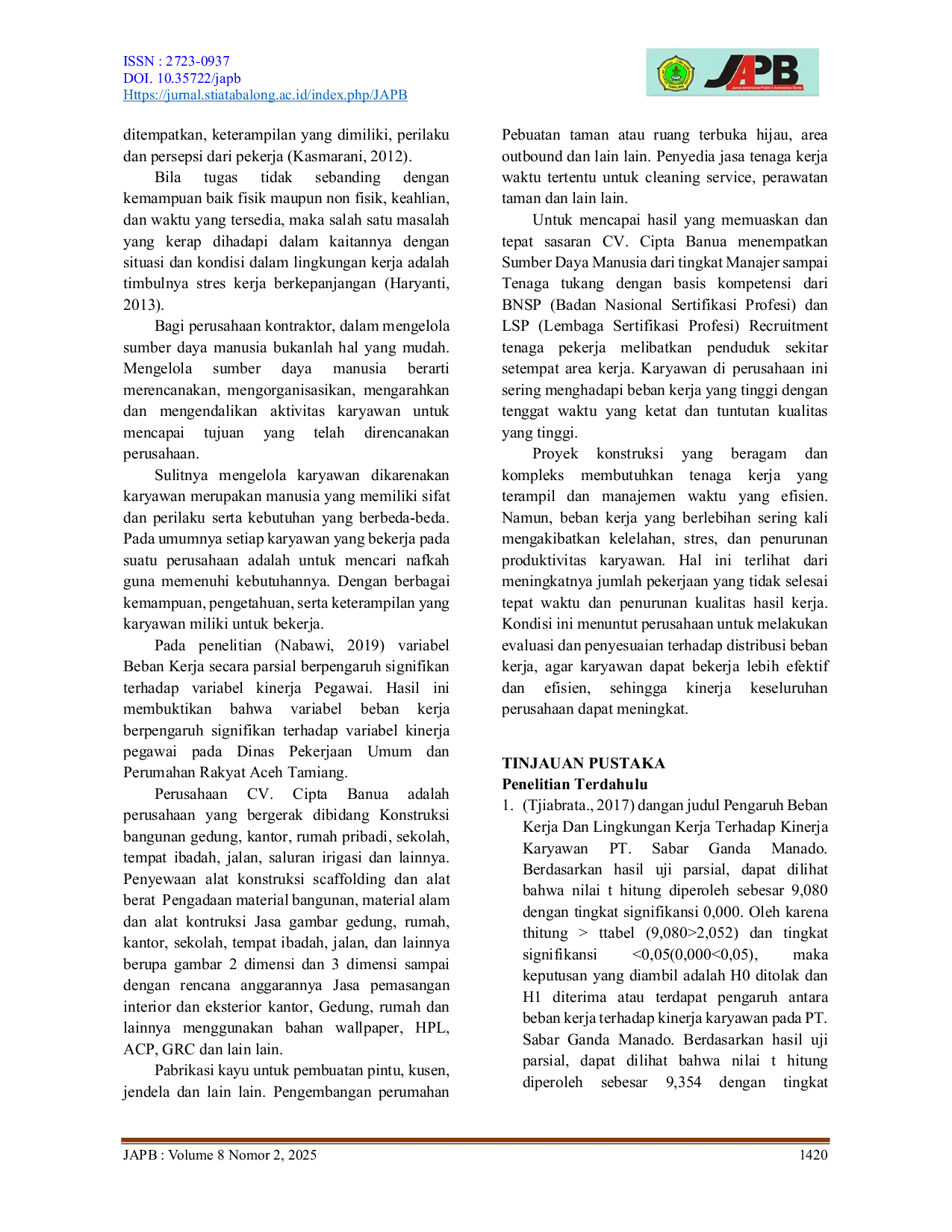 JURIS PENGARUH BEBAN KERJA TERHADAP KINERJA KARYAWAN PADA CV CIPTA BANUA KABUPATEN TABALONG