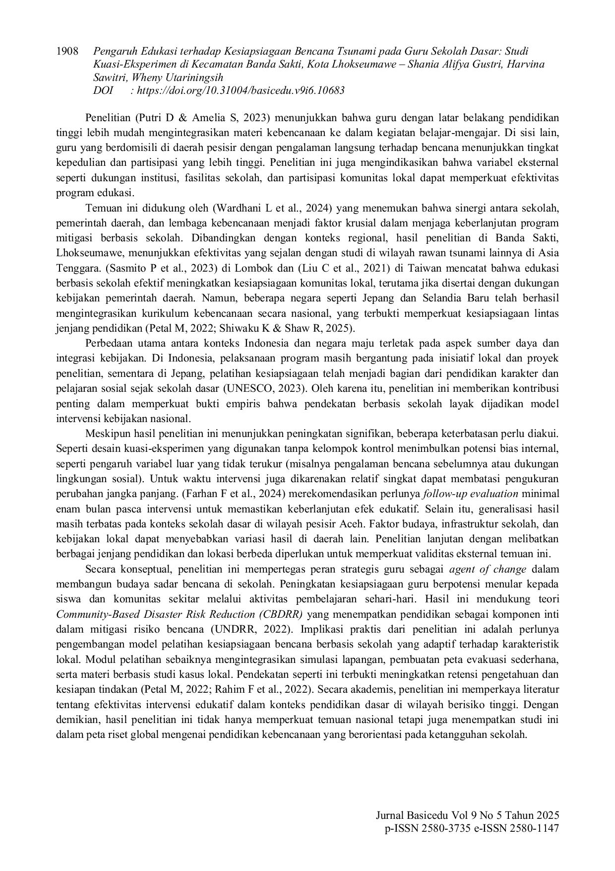 JURIS Pengaruh Edukasi terhadap Kesiapsiagaan Bencana Tsunami pada Guru Sekolah Dasar Studi Kuasi Eksperimen di Kecamatan Banda Sakti Kota Lhokseumawe