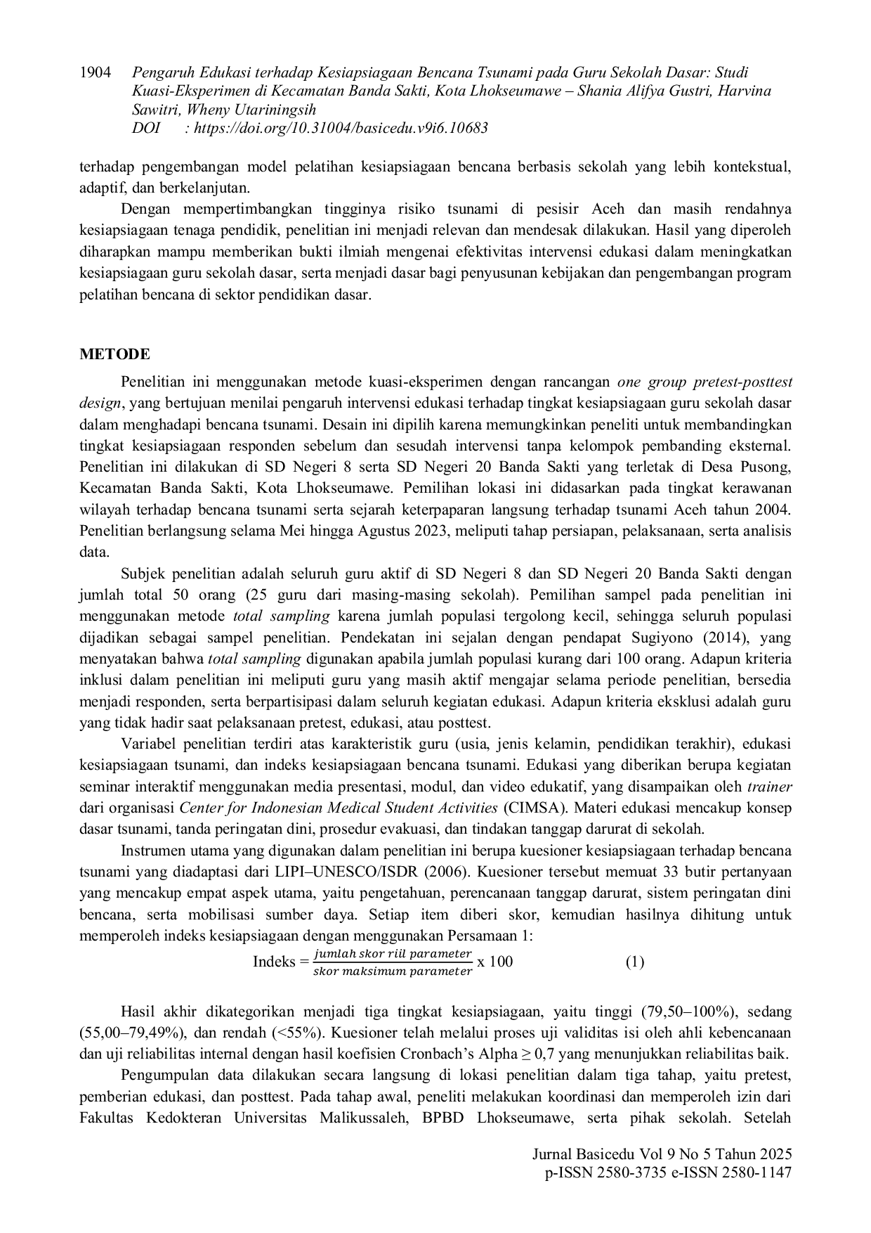 JURIS Pengaruh Edukasi terhadap Kesiapsiagaan Bencana Tsunami pada Guru Sekolah Dasar Studi Kuasi Eksperimen di Kecamatan Banda Sakti Kota Lhokseumawe