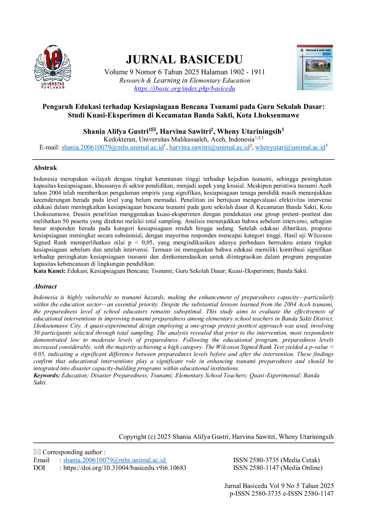 JURIS Pengaruh Edukasi terhadap Kesiapsiagaan Bencana Tsunami pada Guru Sekolah Dasar Studi Kuasi Eksperimen di Kecamatan Banda Sakti Kota Lhokseumawe