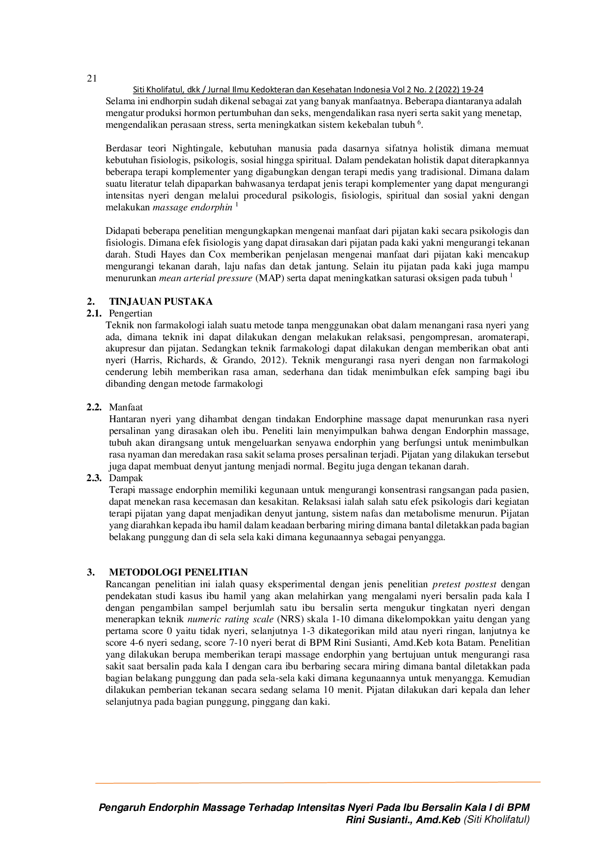 JURIS Pengaruh Endorphin Massage Terhadap Intensitas Nyeri Pada Ibu Bersalin Kala I di BPM Rini Susianti Amd Keb