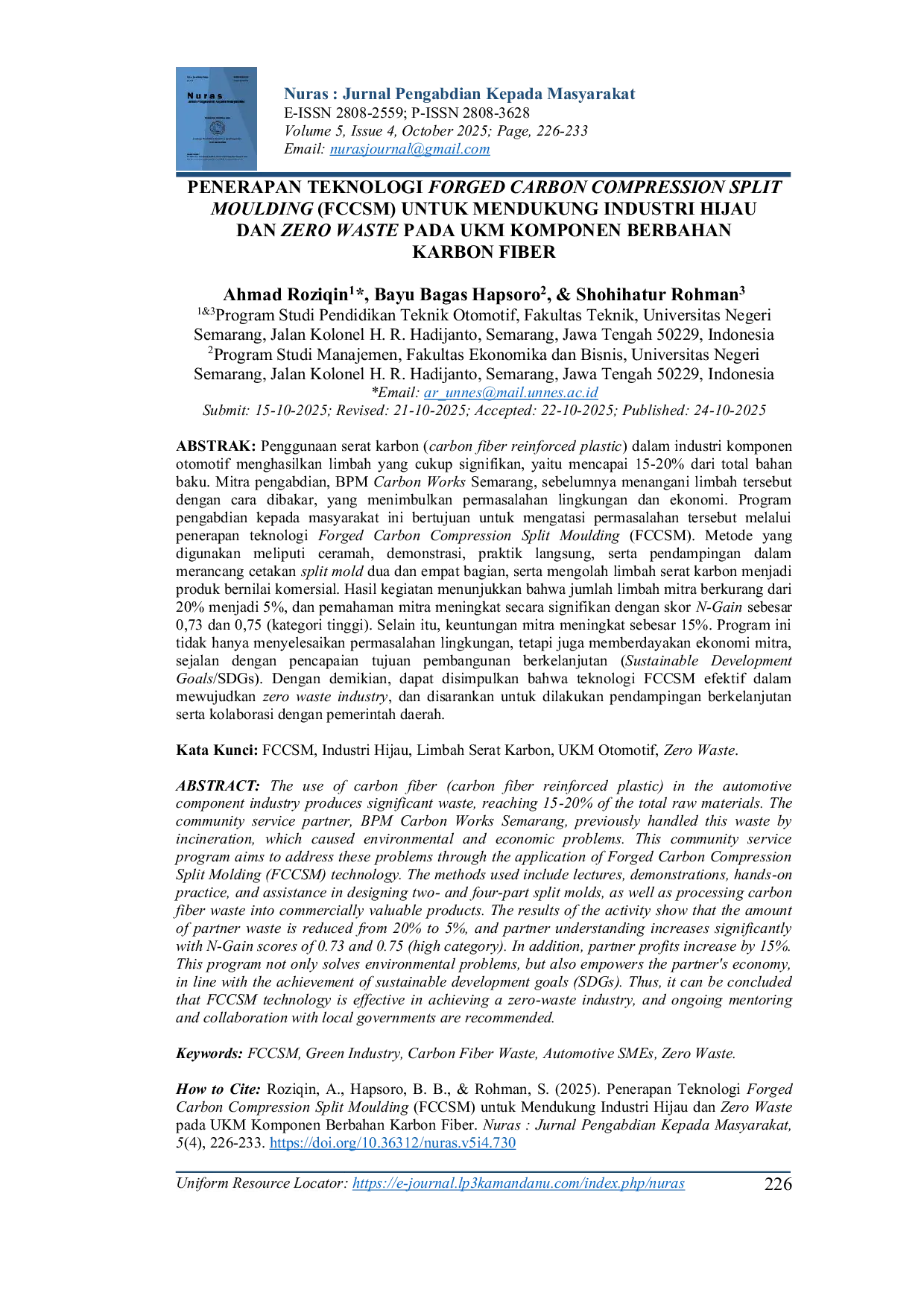 JURIS Penerapan Teknologi Forged Carbon Compression Split Moulding FCCSM untuk Mendukung Industri Hijau dan Zero Waste pada UKM Komponen Berbahan Karbon Fiber