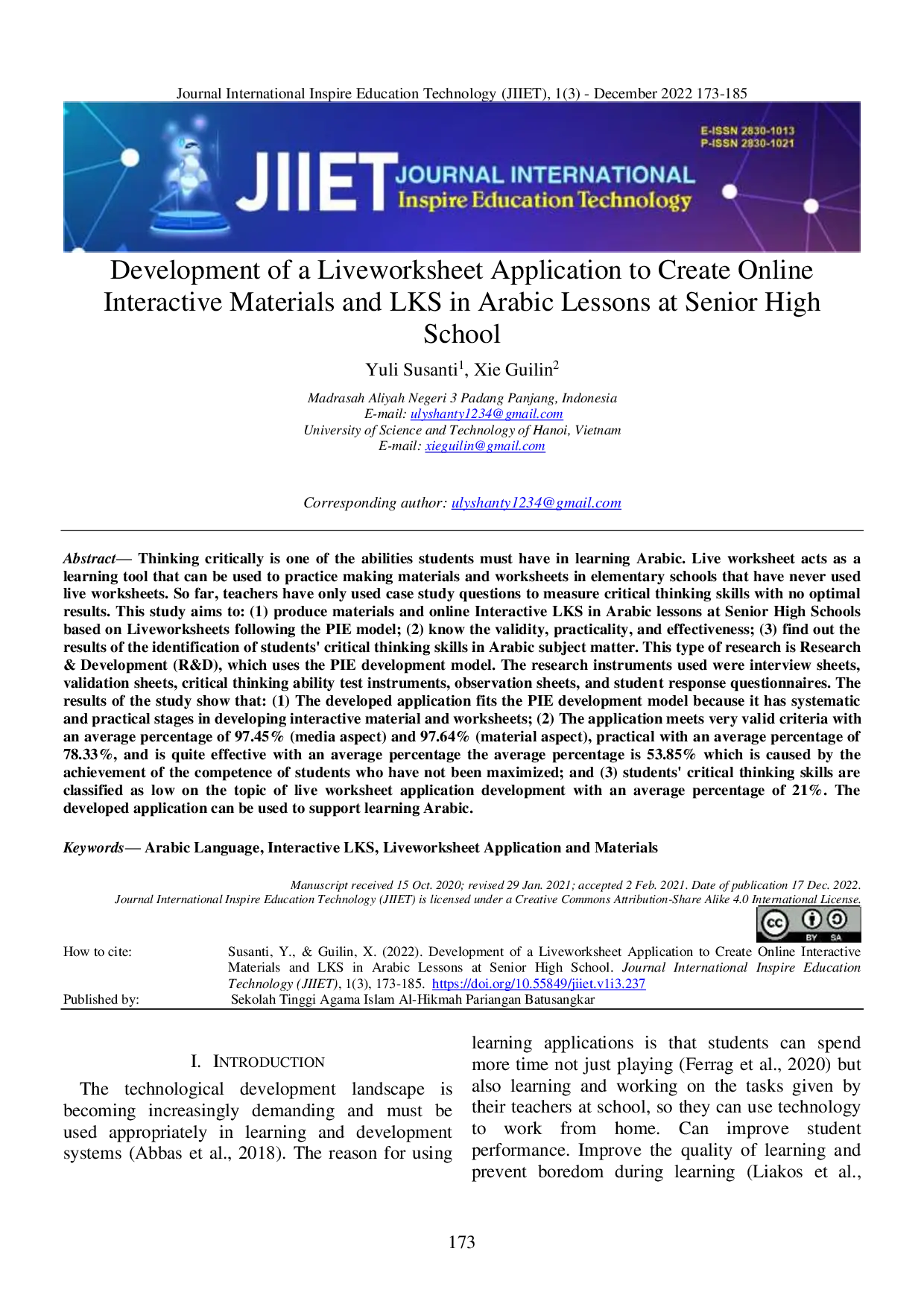 JURIS Development of a Liveworksheet Application to Create Online Interactive Materials and LKS in Arabic Lessons at Senior High School