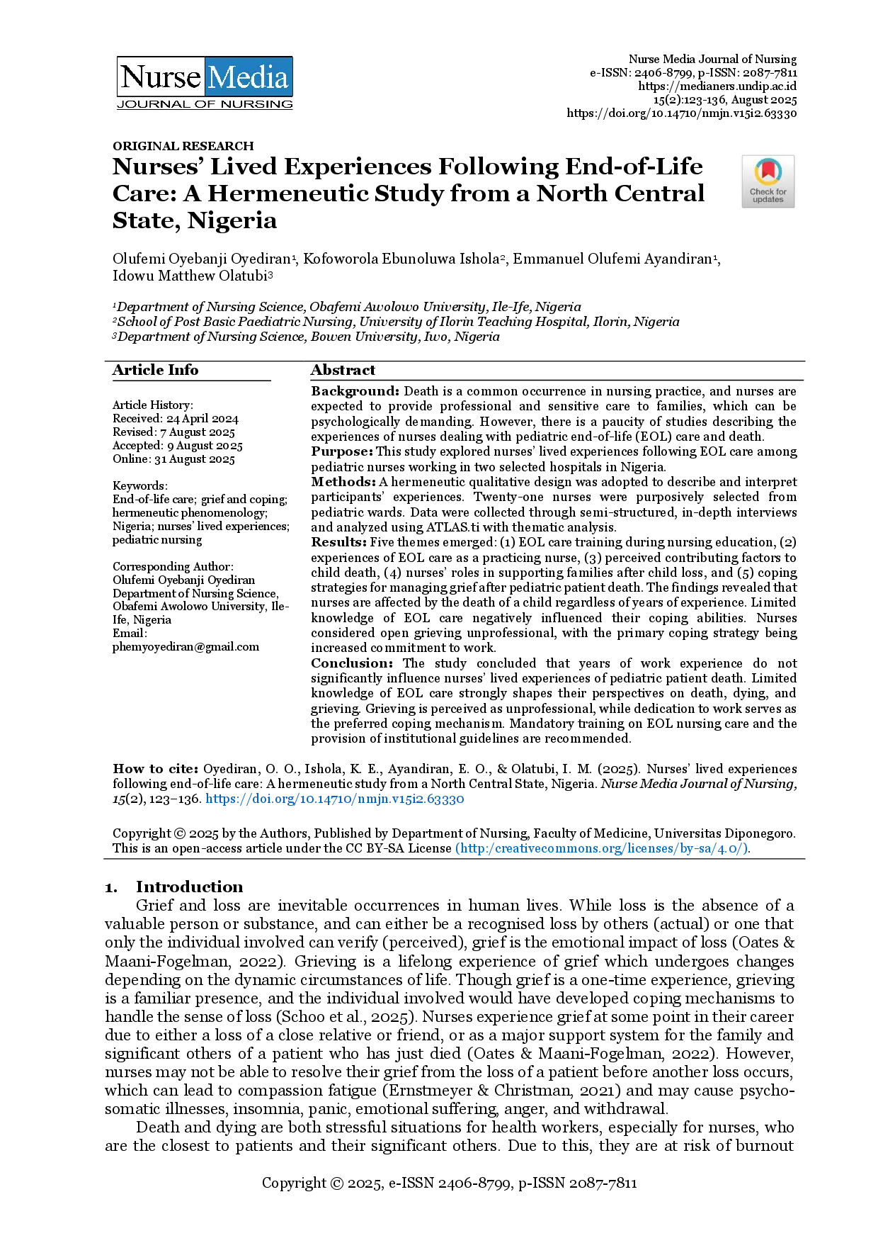 juris Nurses Lived Experiences Following End of Life Care A Hermeneutic Study from a North Central State Nigeria