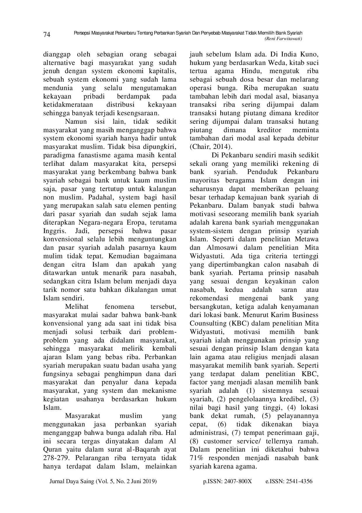 juris Persepsi Masyarakat Pekanbaru Tentang Perbankan Syariah Dan Penyebab Masyarakat Tidak Memilih Bank Syariah