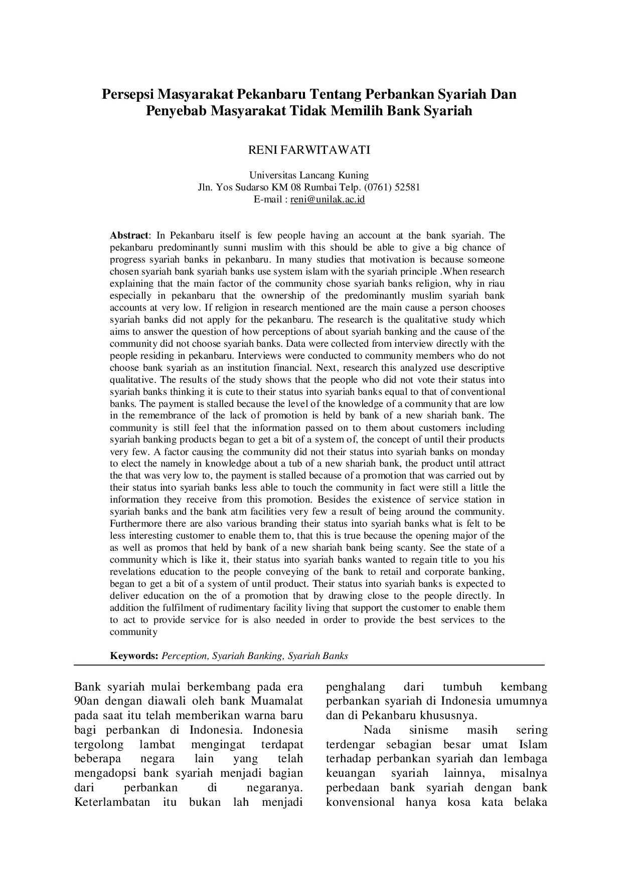 juris Persepsi Masyarakat Pekanbaru Tentang Perbankan Syariah Dan Penyebab Masyarakat Tidak Memilih Bank Syariah
